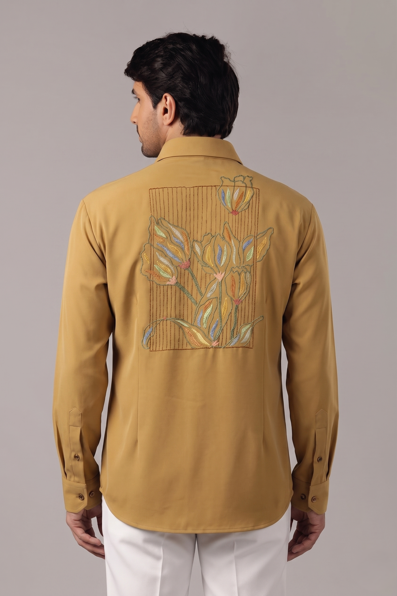 Camel Botanical Back Art Embroidered Shirt