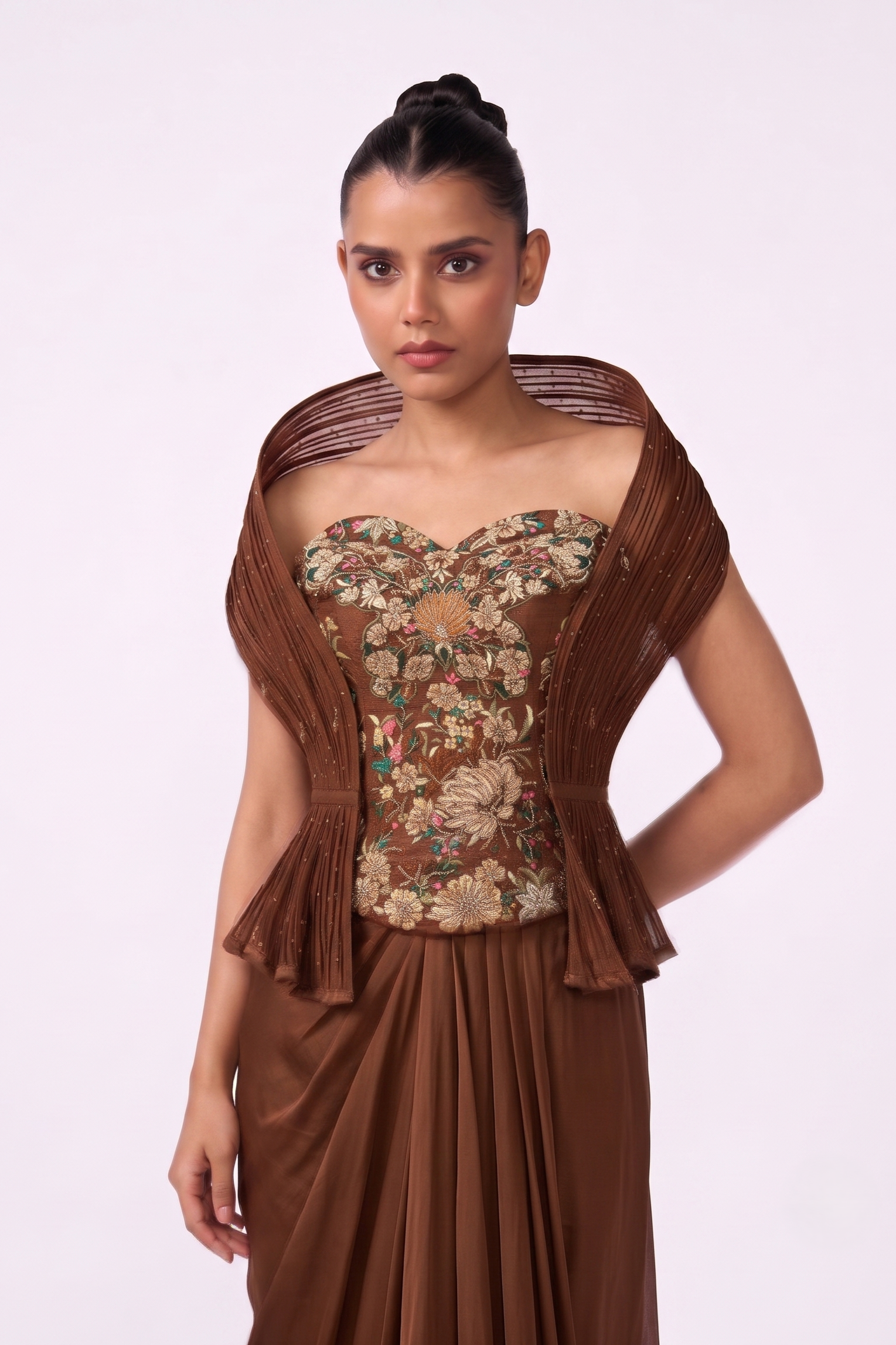 Walnut Pleat Cape Corset Saree - Cape and Corset Detail