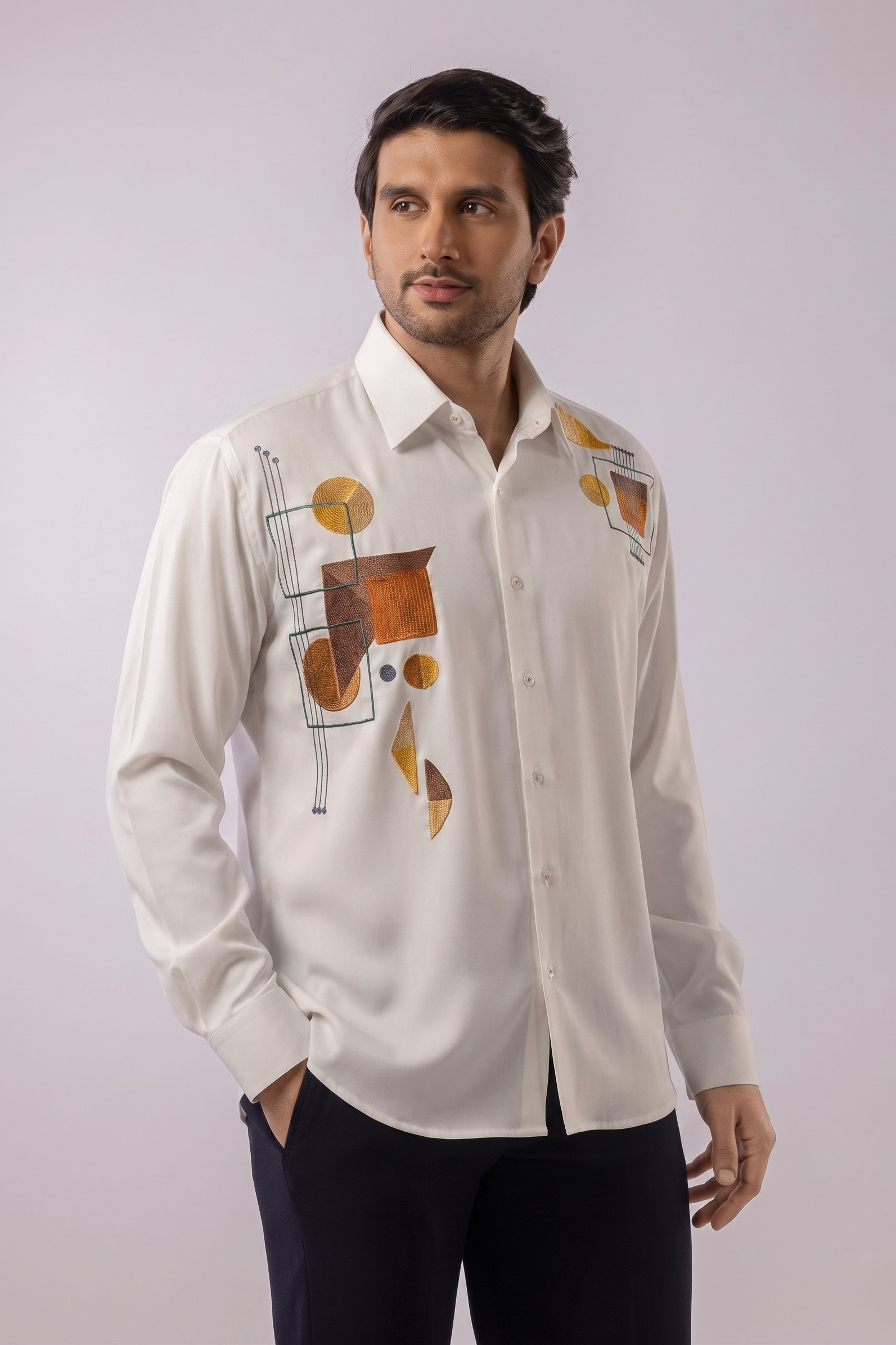White Geometric Patchwork Appliqué Embroidered Shirt