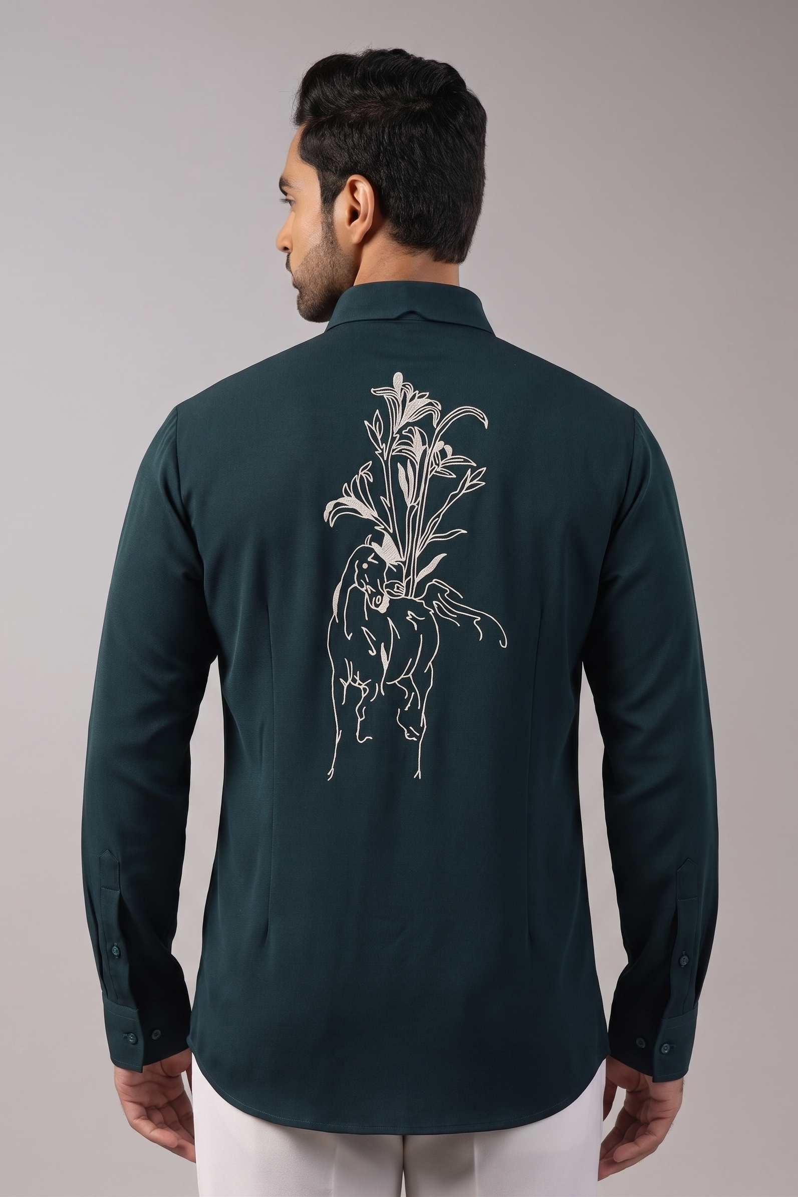 Deep Teal Rearing Horse & Lily Line Art Embroidered Shirt