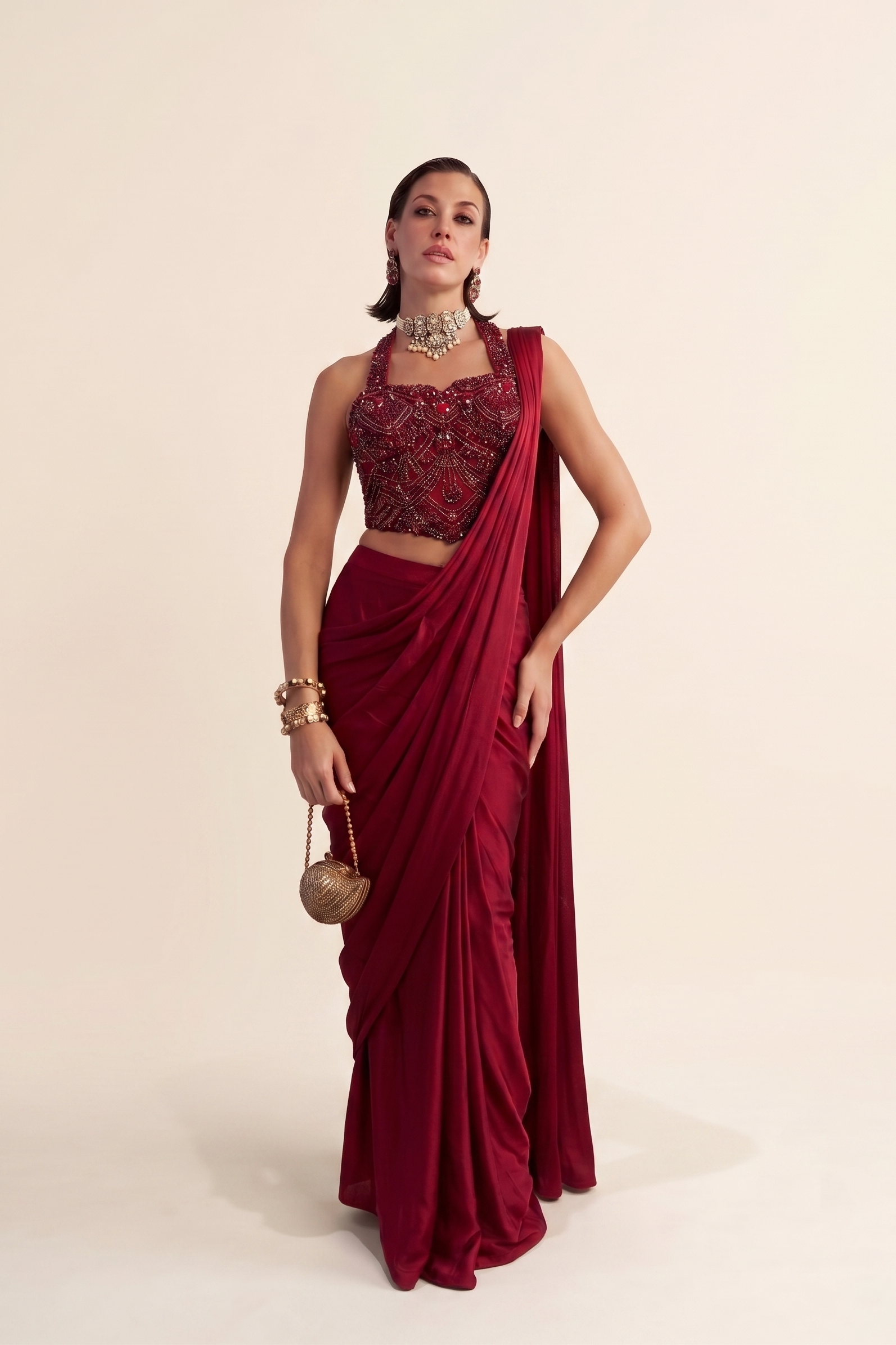 Crimson Arc Corset Saree - Full View
