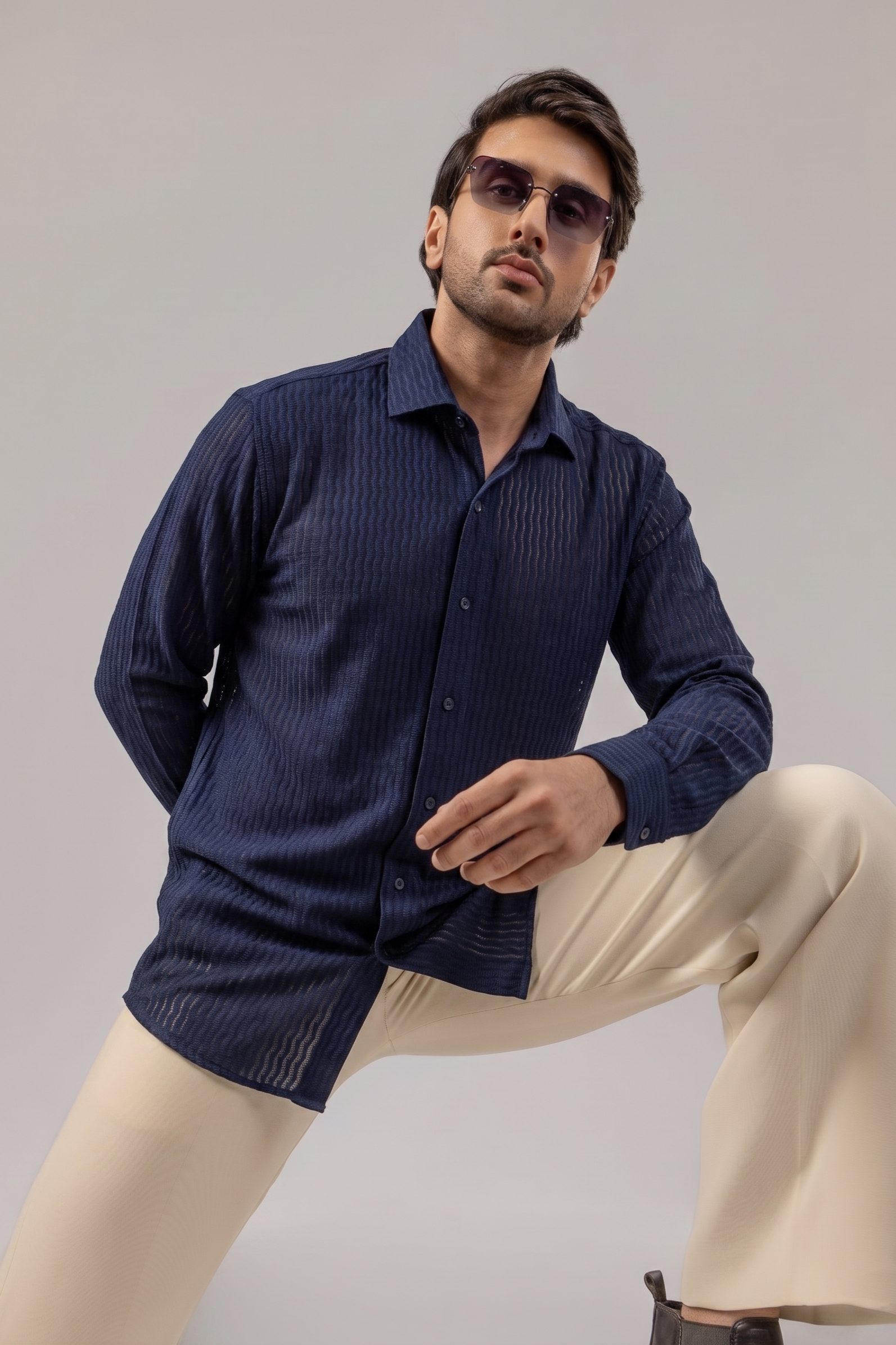 Midnight Navy Vertical Stripe Textured Slim Shirt
