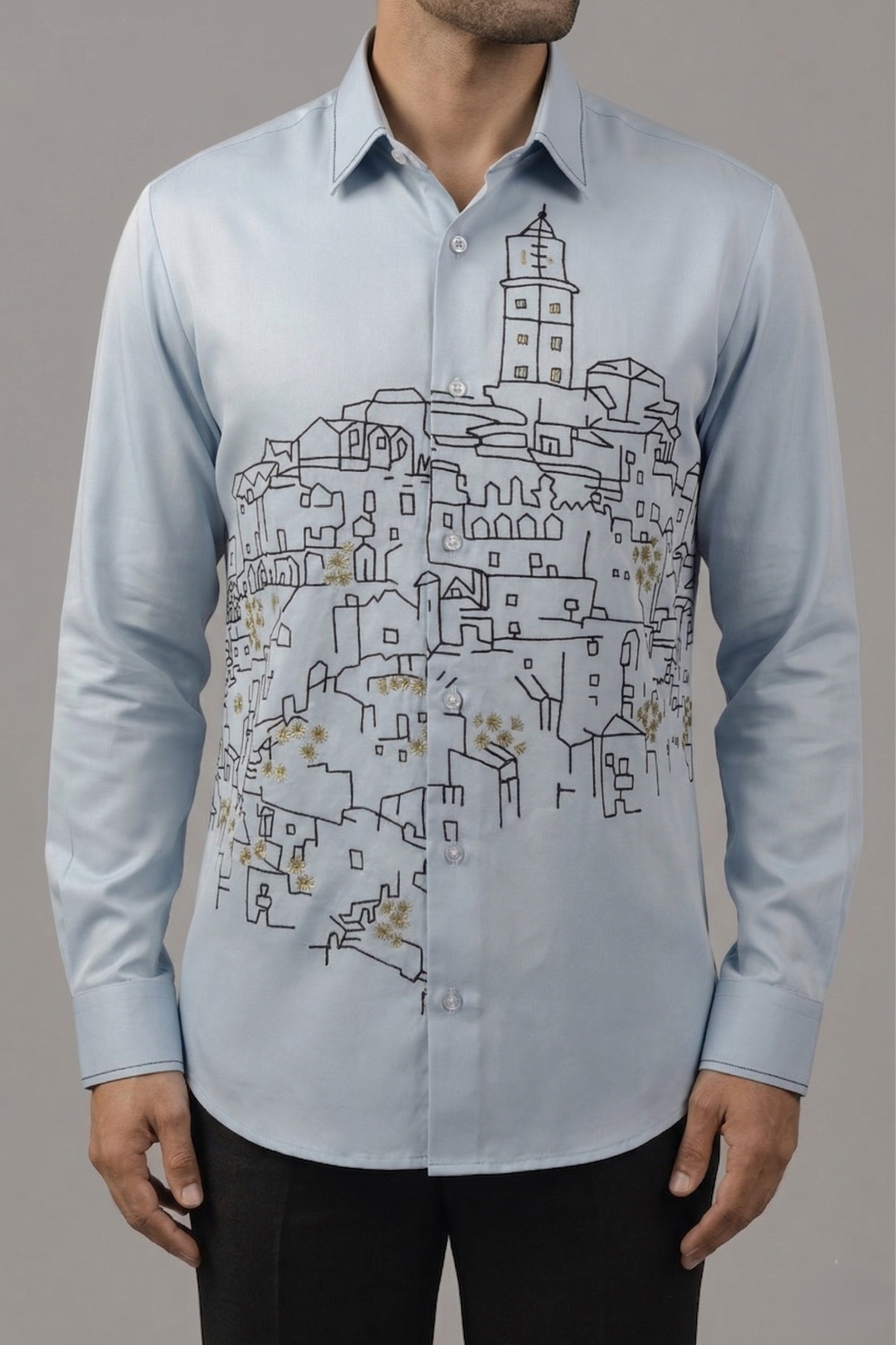 Sky Blue Mediterranean Hillside Cityscape Embroidered Shirt