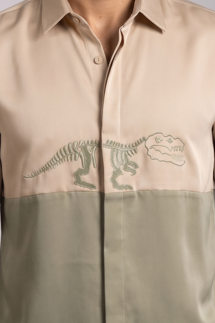Fossil — Sand & Sage Colour Block Dinosaur Skeleton Embroidered Shirt