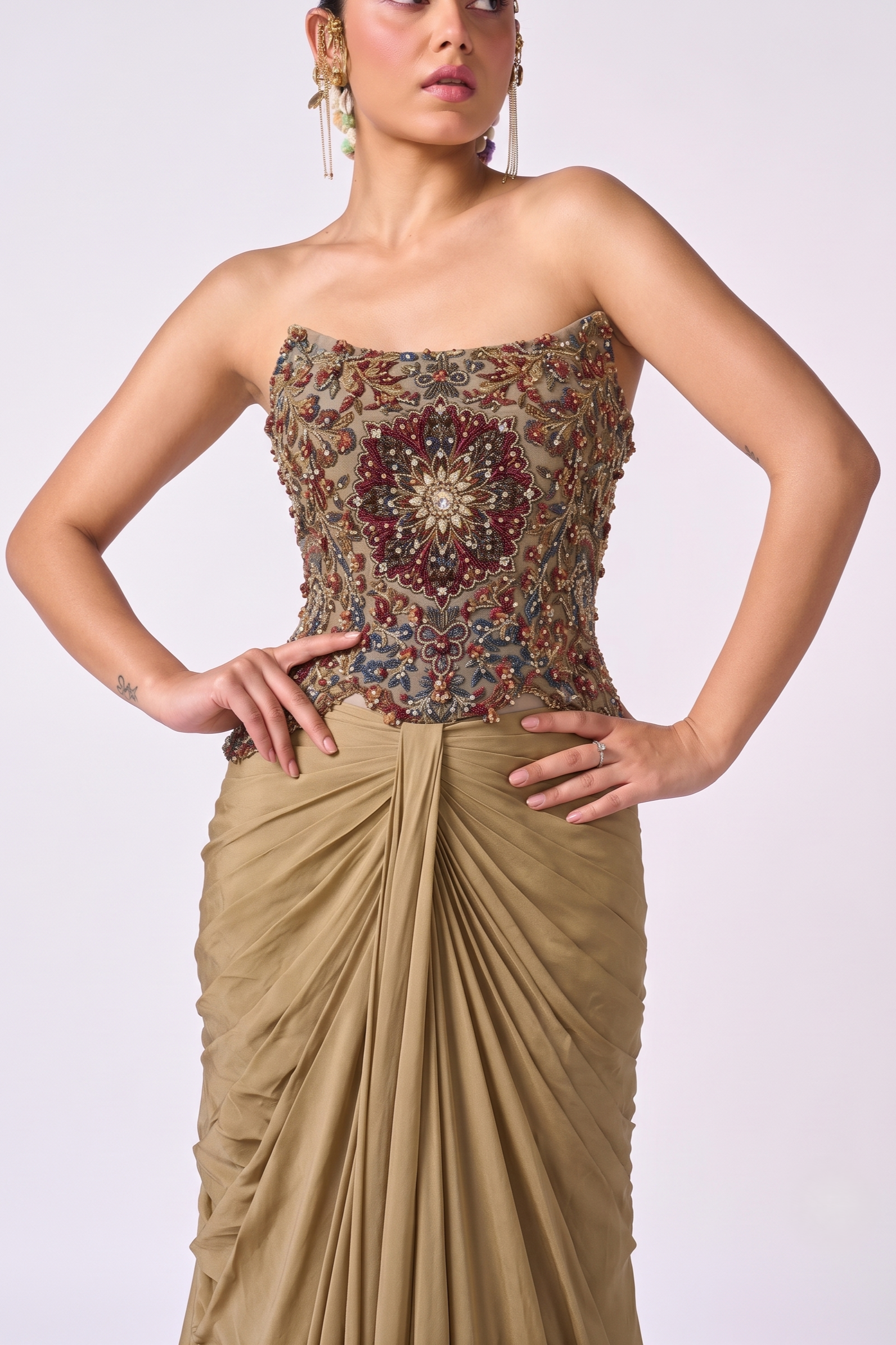 Champagne Medallion Draped Gown - Corset Detail