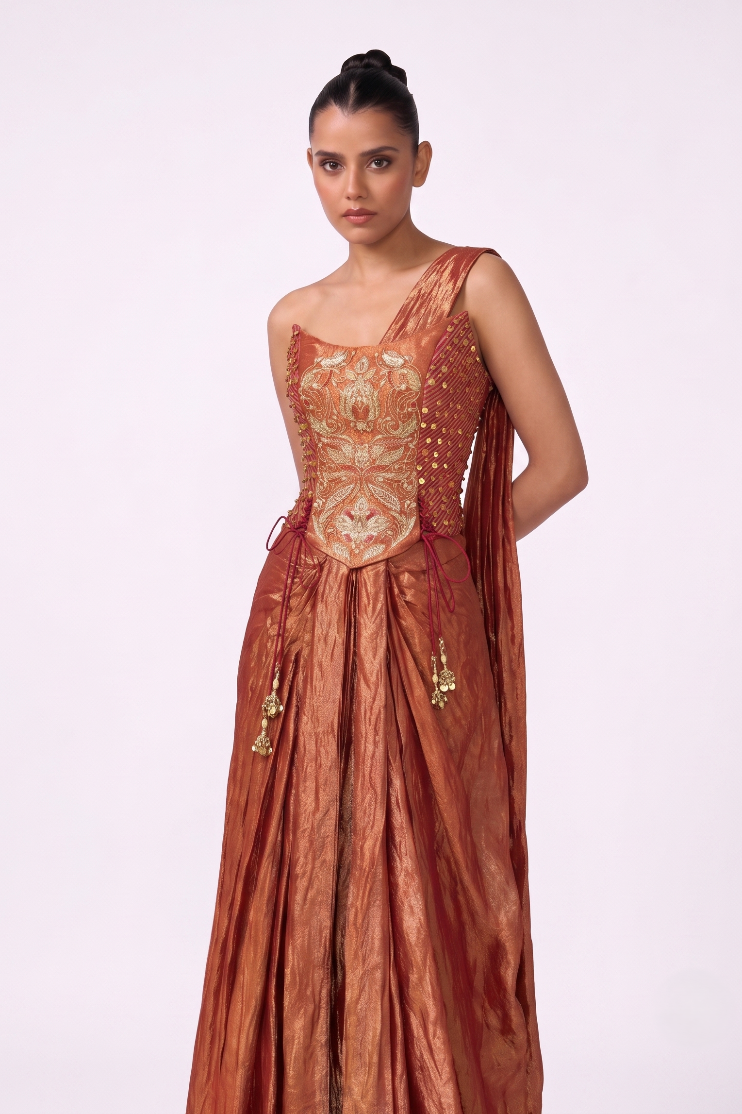 Copper Scroll Draped Gown - Side View