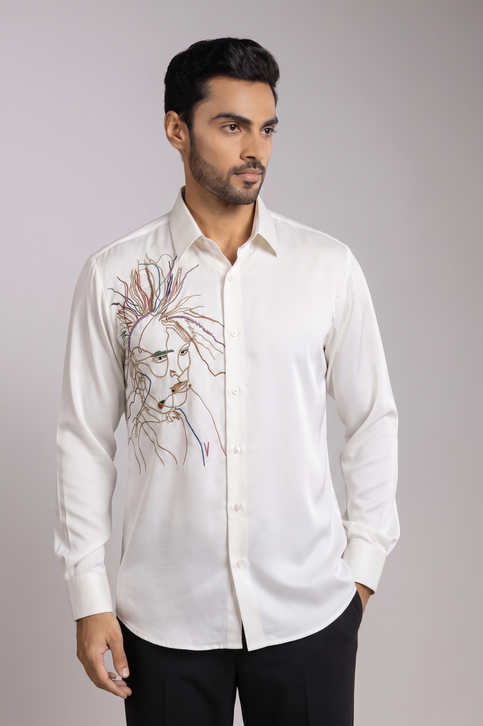 Off-White Feminine Face Line Art Embroidered Shirt