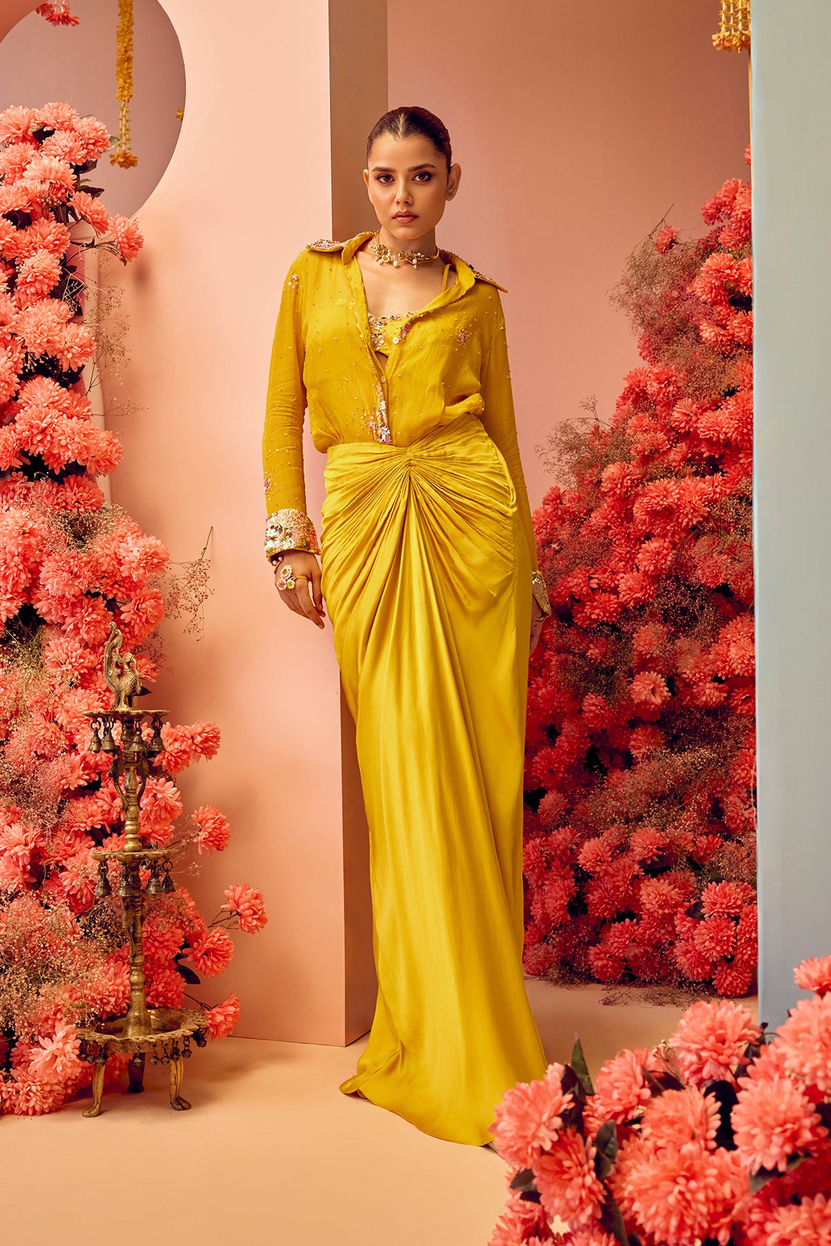 Yellow Pre Draped Saree
