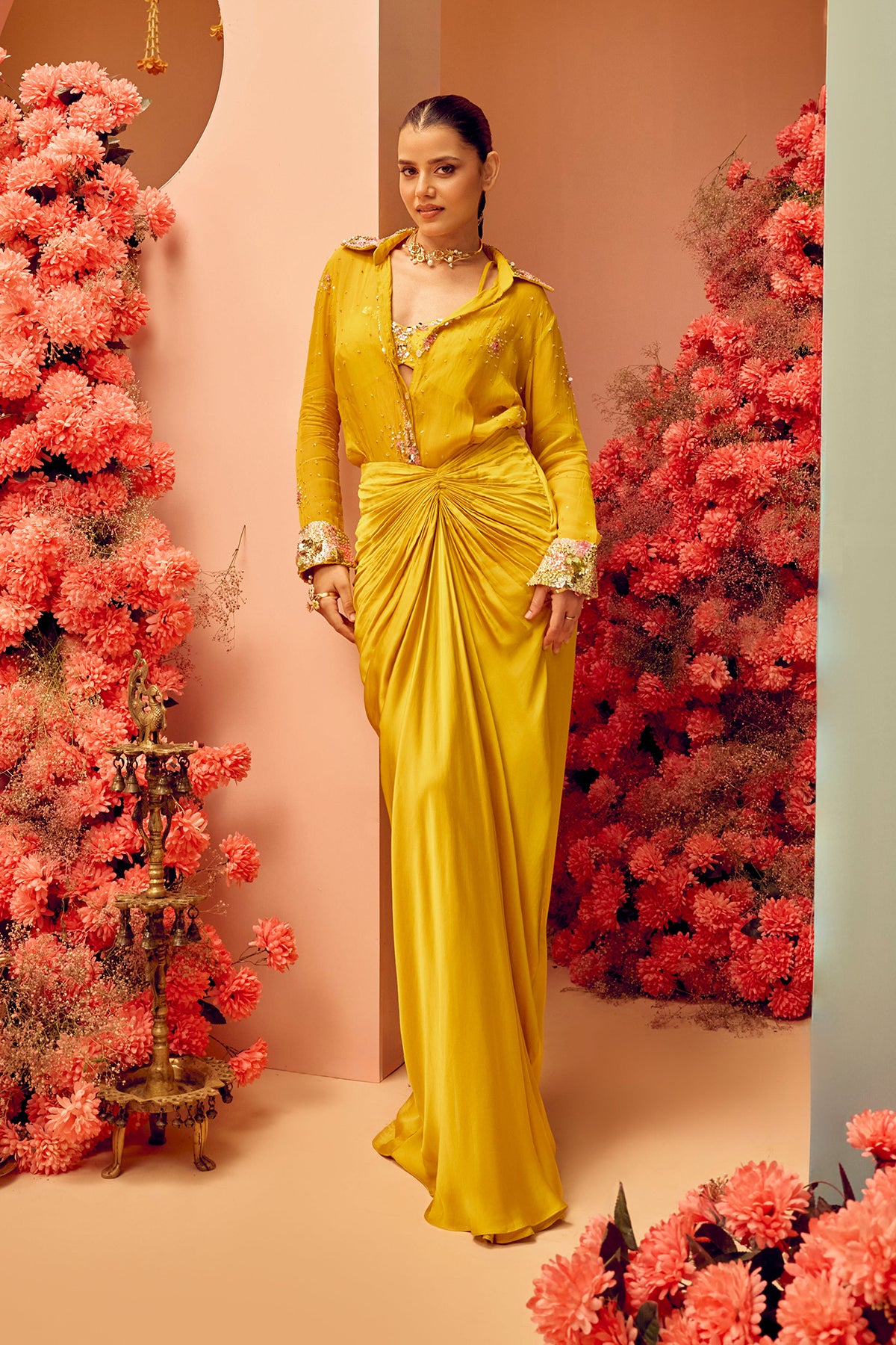 Yellow Pre Draped Saree