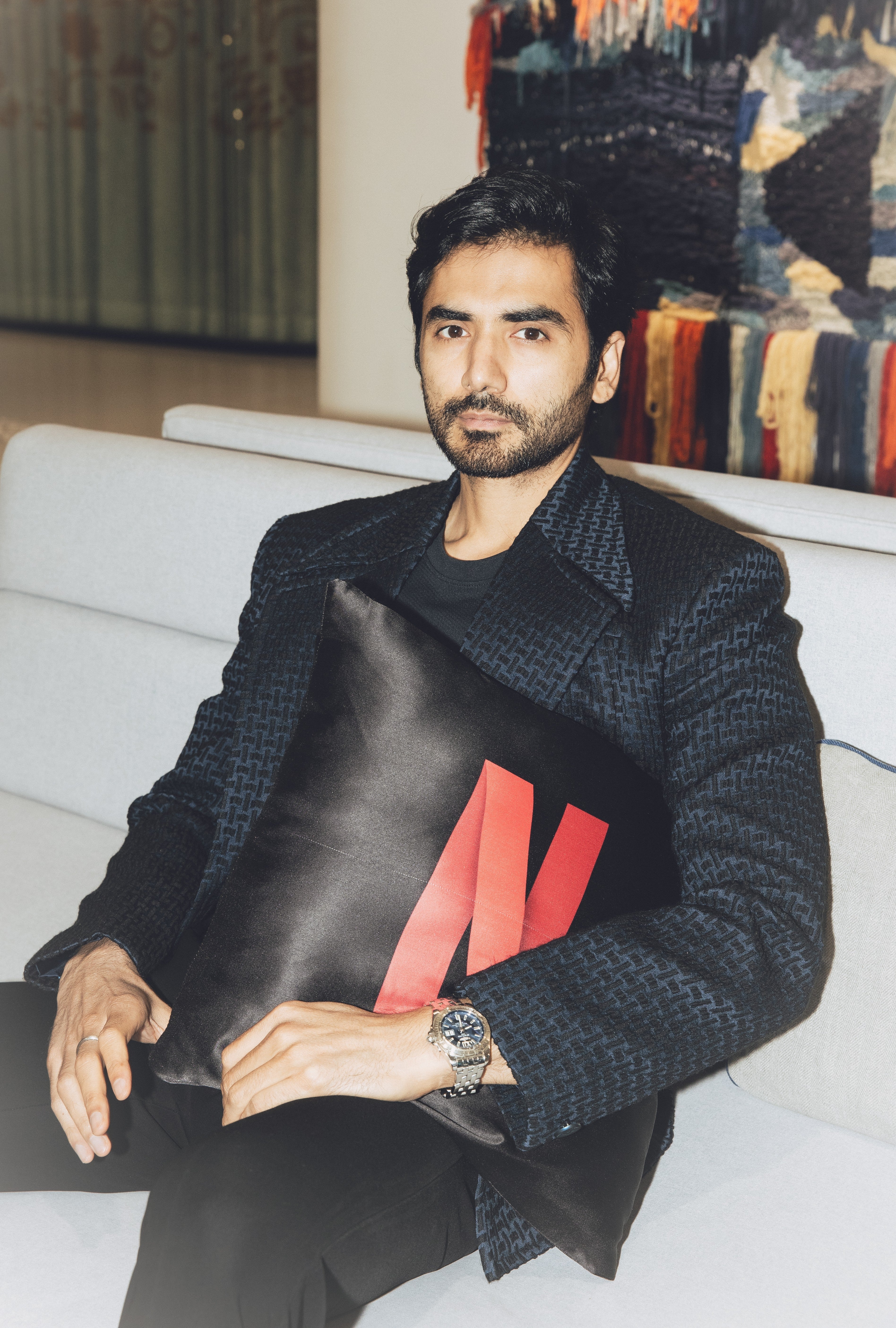 Ishwak Singh wearing The Obsidian Weave Blazer by Jayesh & Kaajal Shah — detail shot