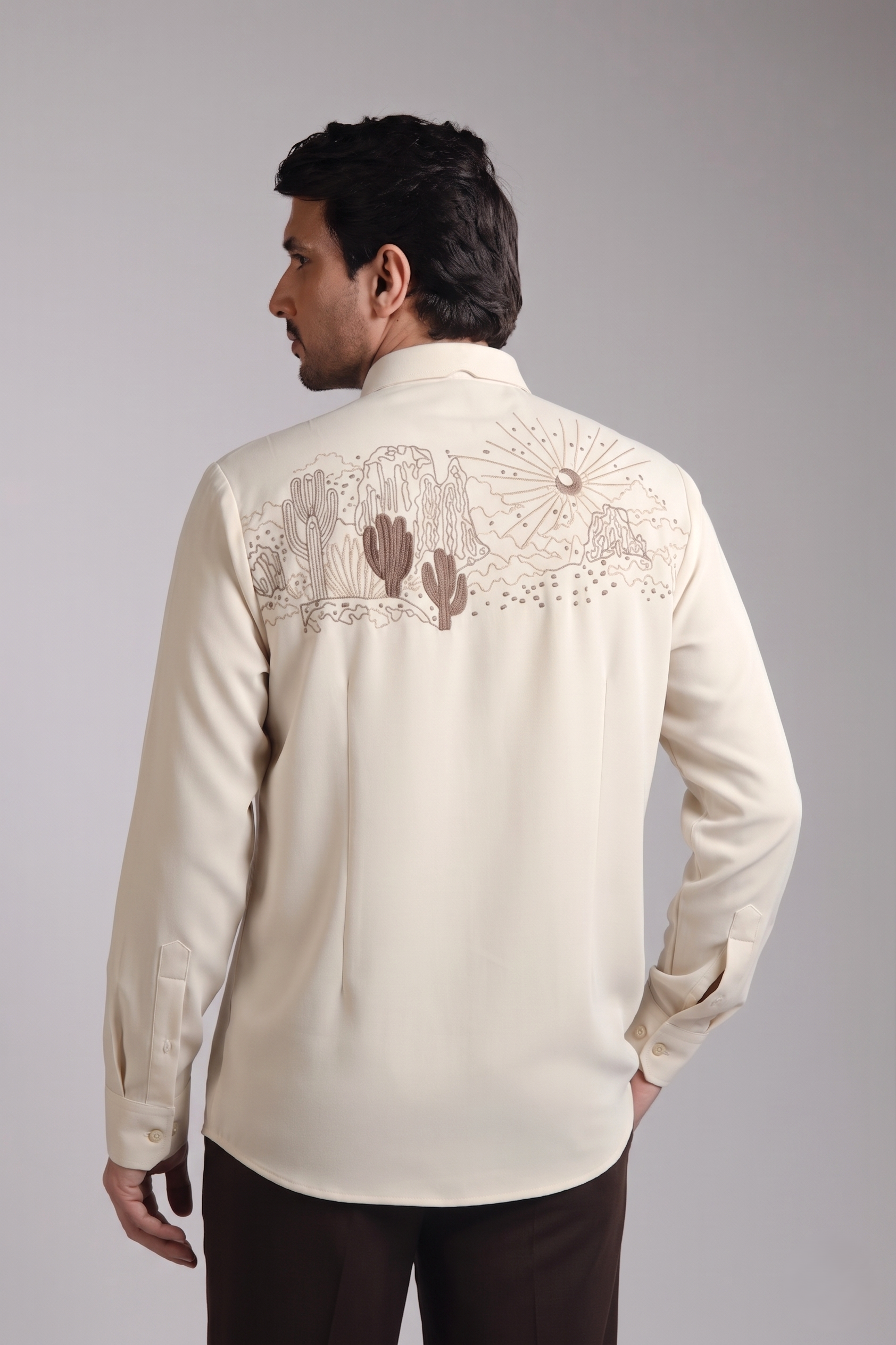 Sand Beige Utility Pocket Desert Back Embroidered Shirt