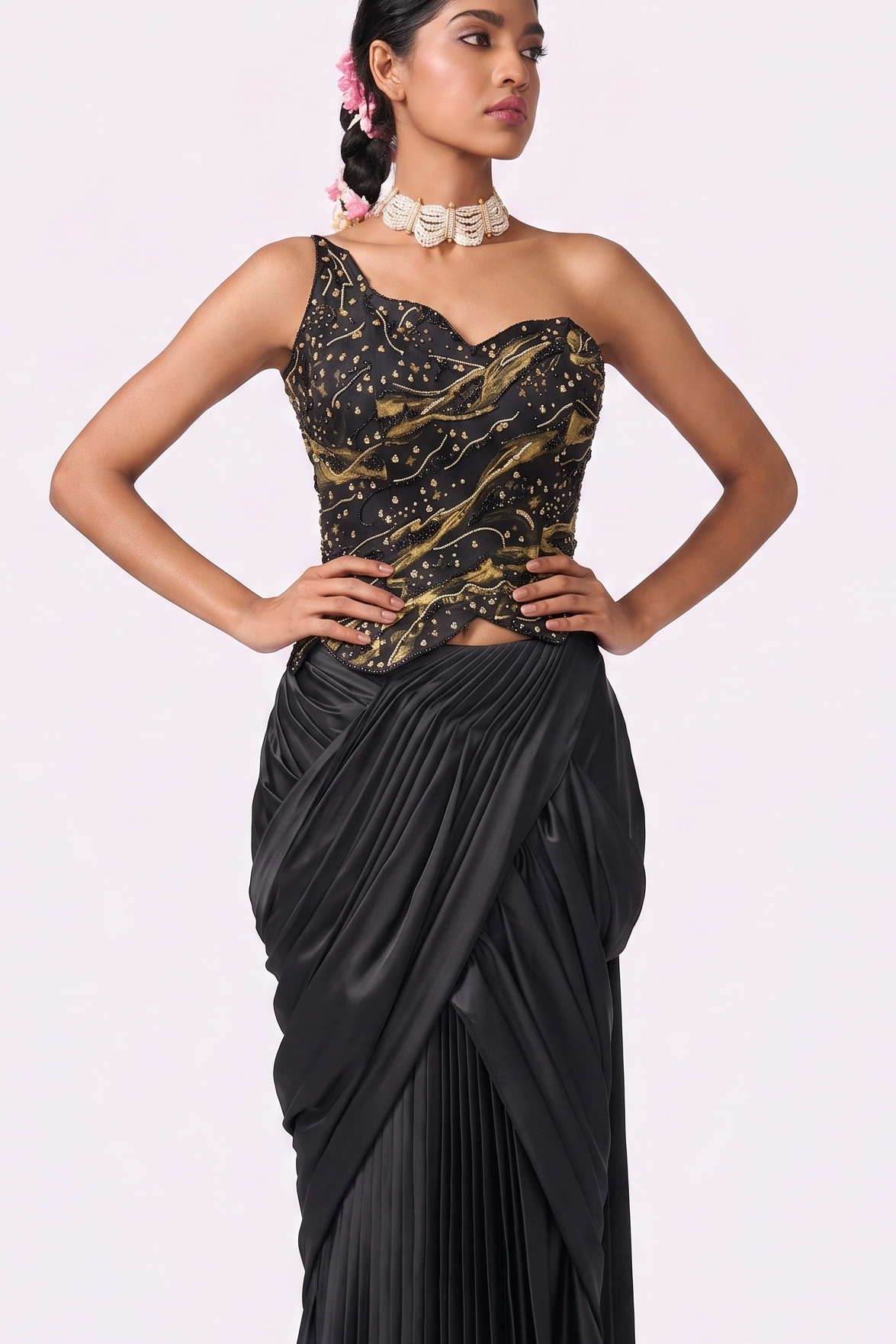 Obsidian Gold Marble Corset Pre-Draped Saree - bodice detail