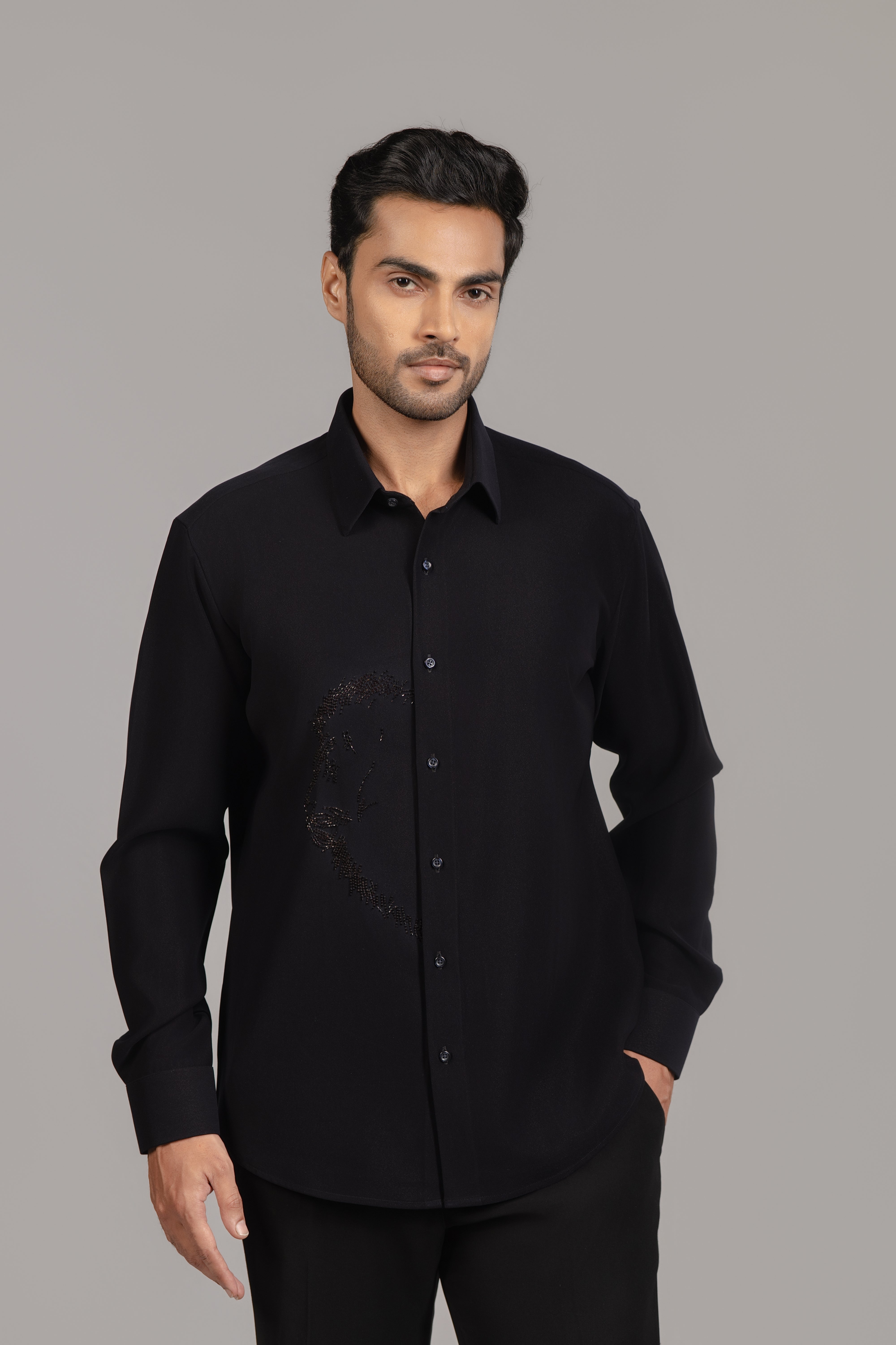All Black Tonal Dragon Sequin Embroidered Shirt