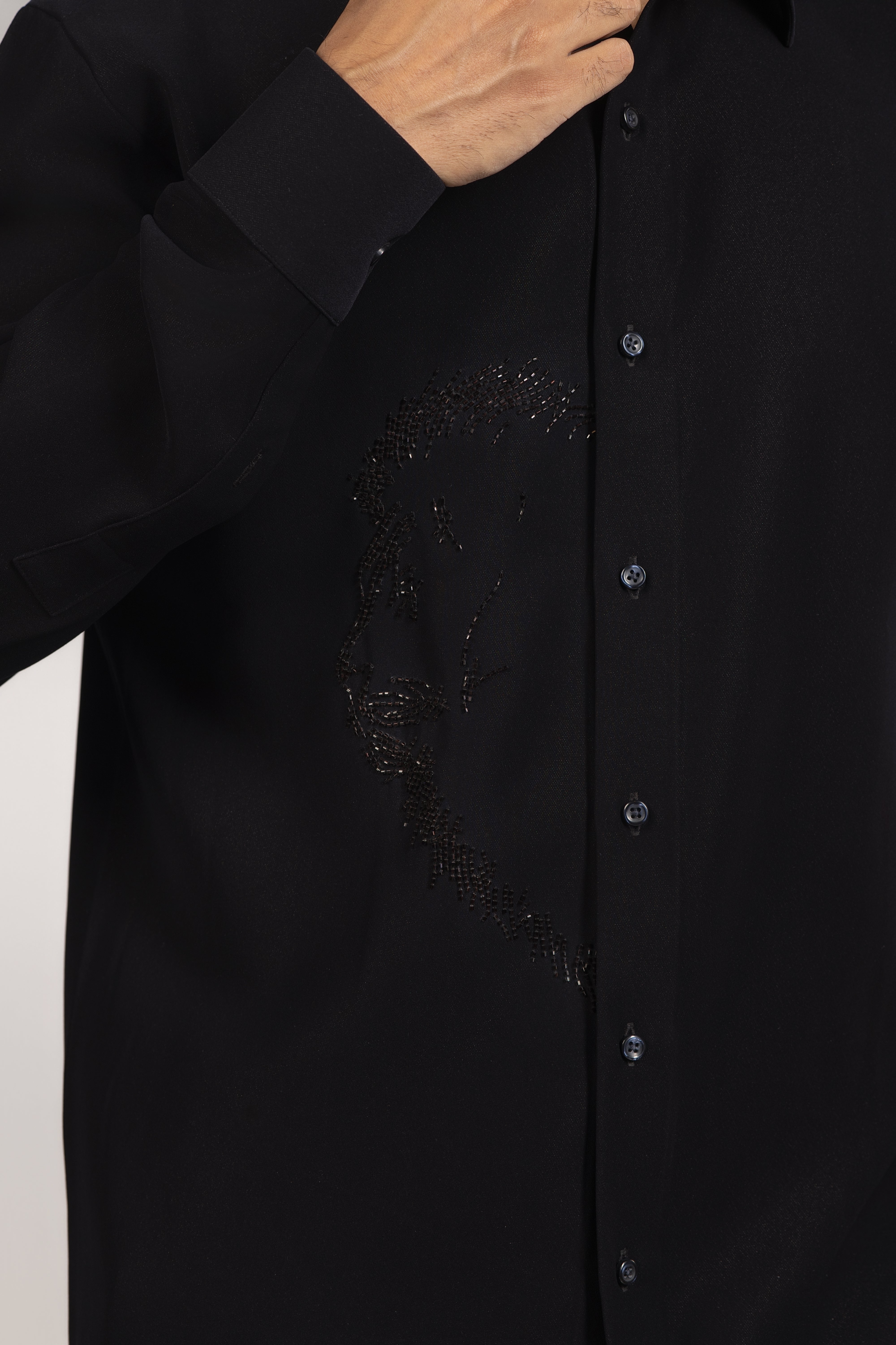 All Black Tonal Dragon Sequin Embroidered Shirt