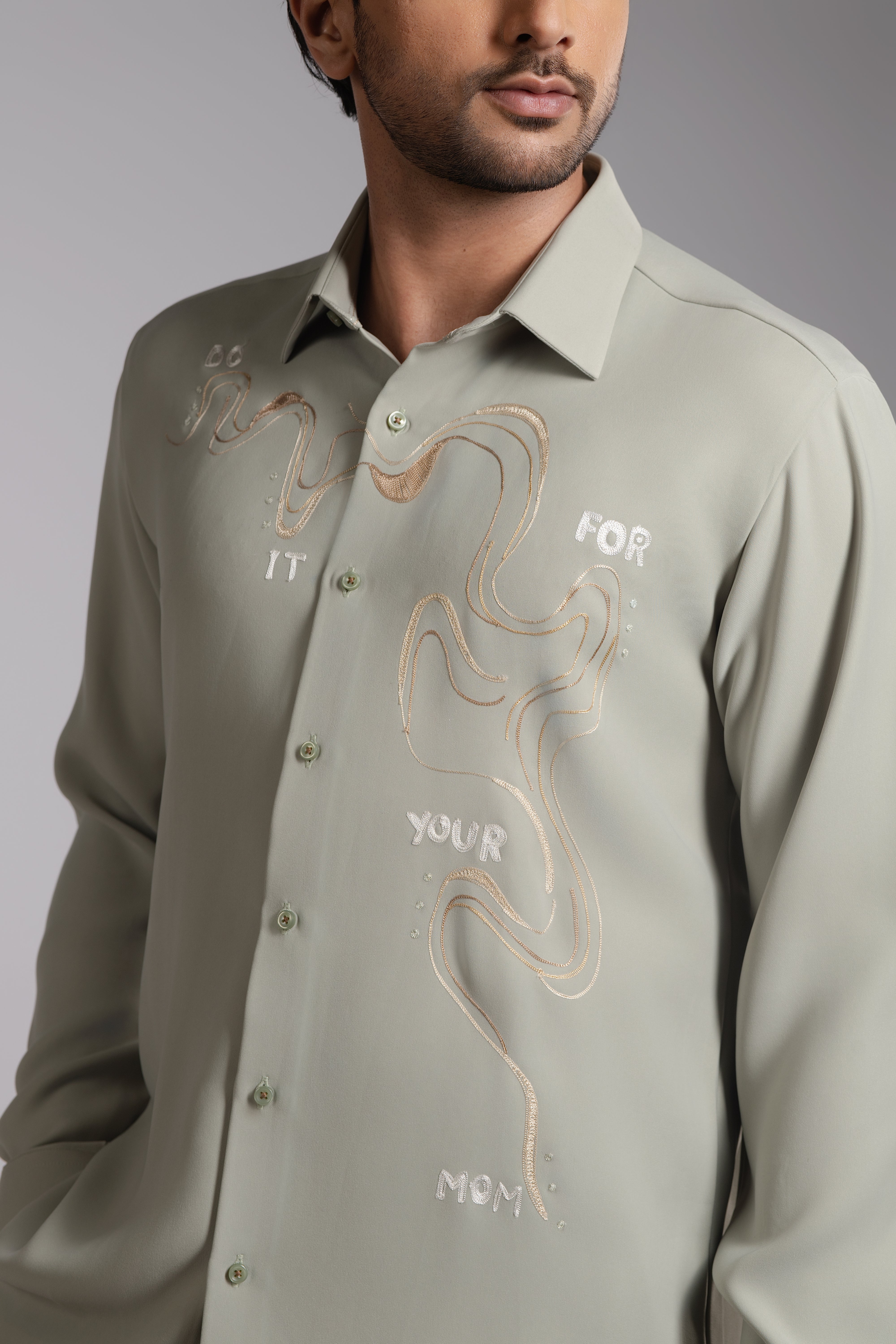 Sage Green Do It For Your Mom Slogan Embroidered Shirt