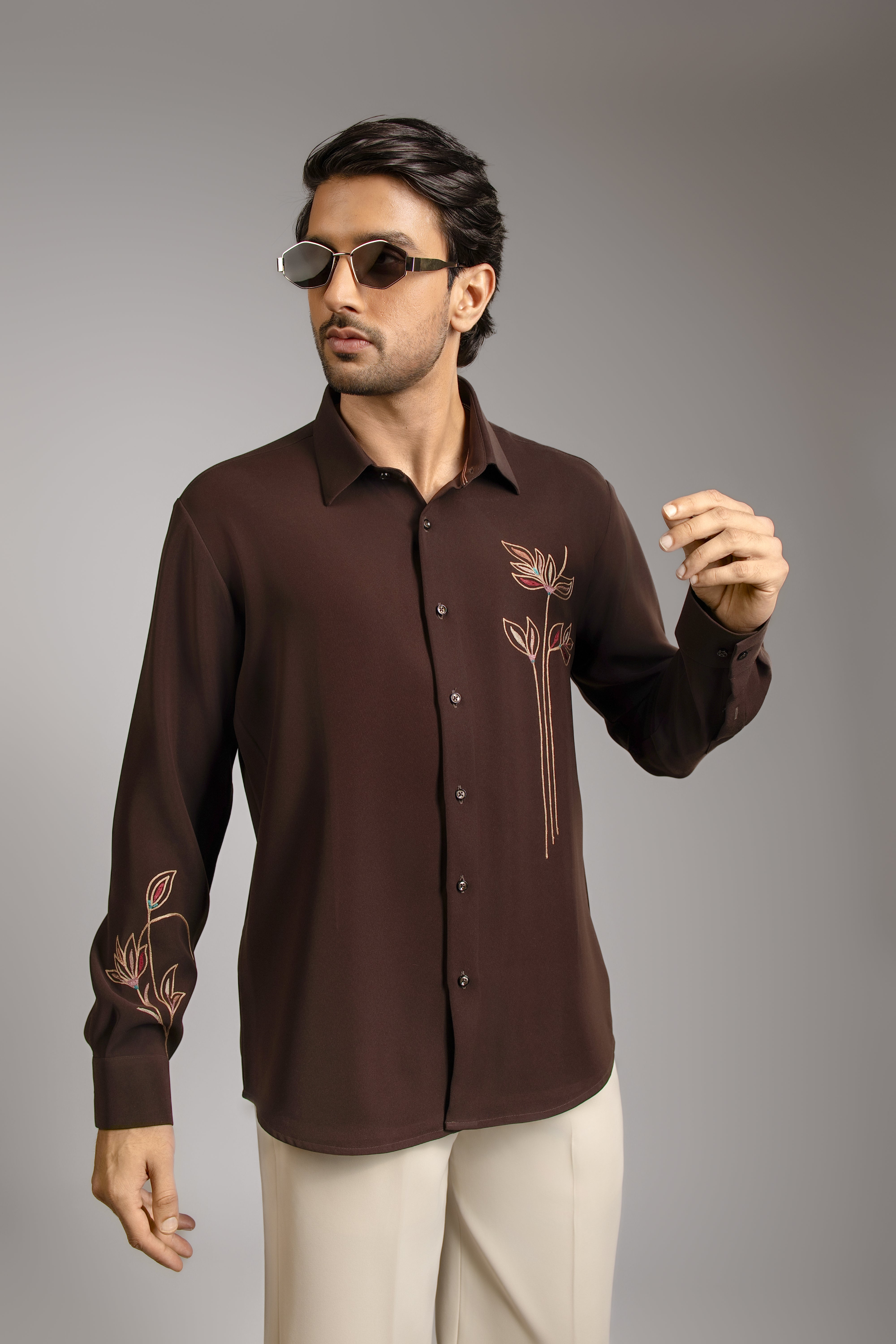 Rooted in Espresso — Botanical Line Embroidered Shirt