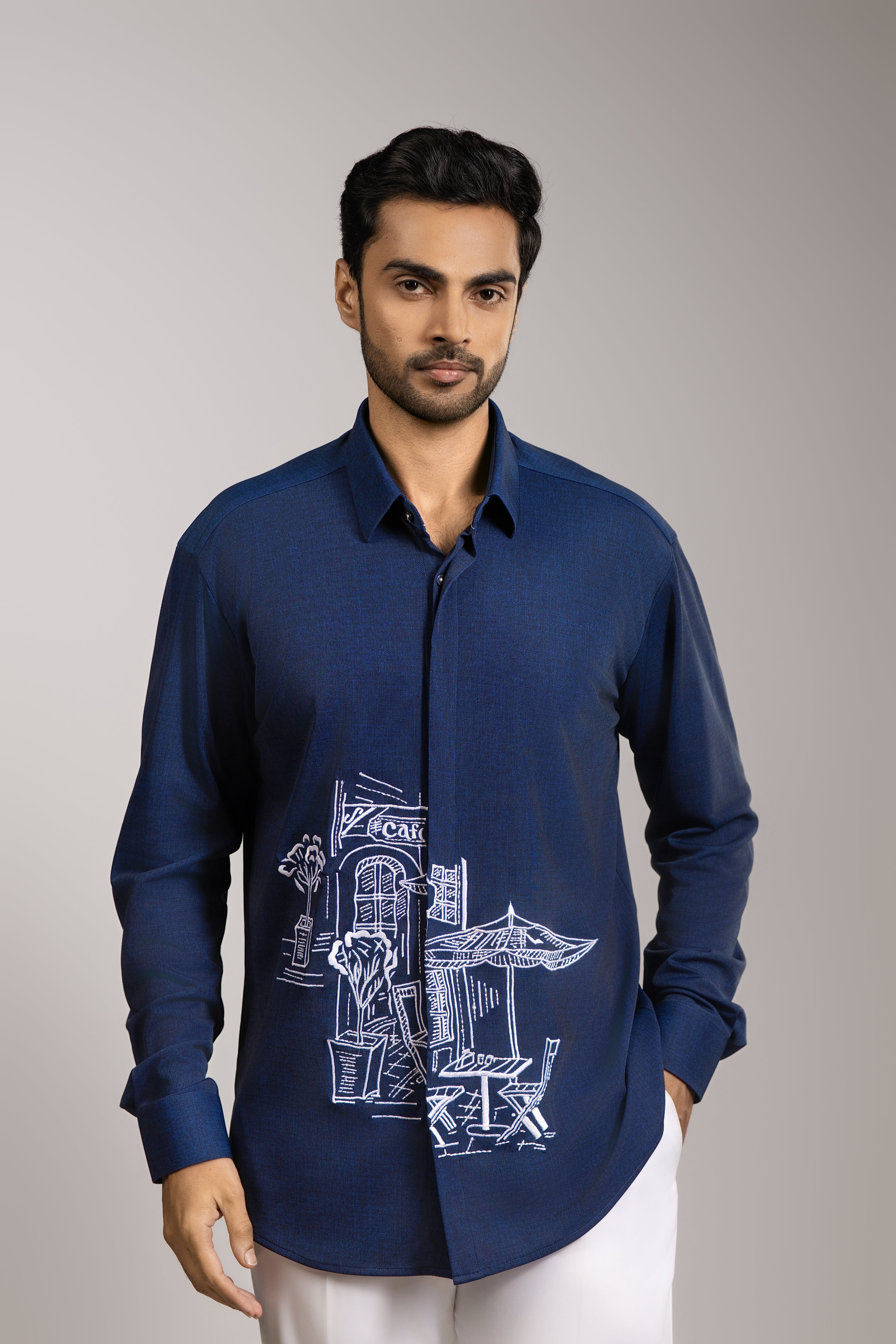 The Café on Rue Somewhere — Sketch Embroidered Ink Blue Shirt