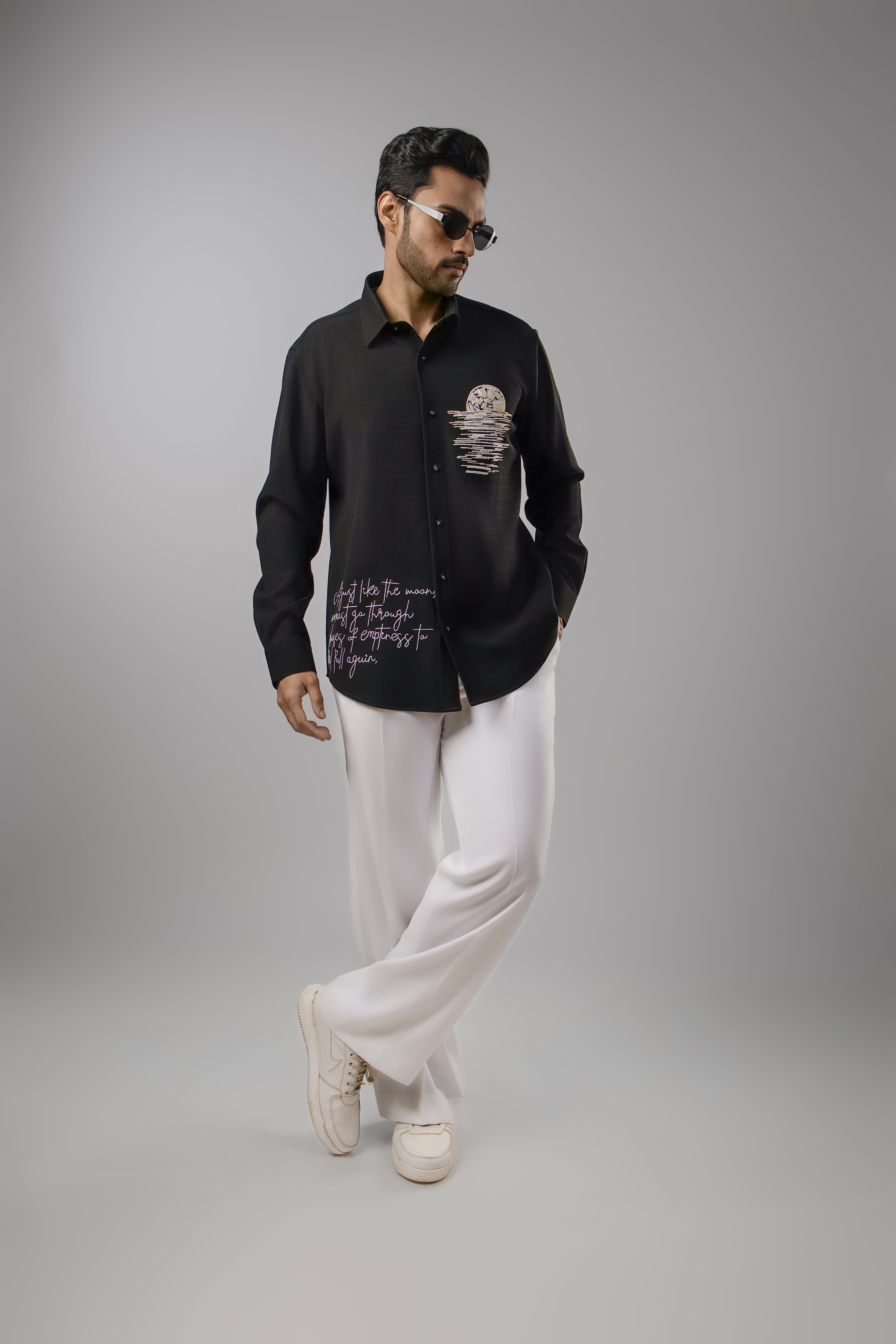 Phases — Moonrise Beadwork Embroidered Black Shirt with Cursive Quote