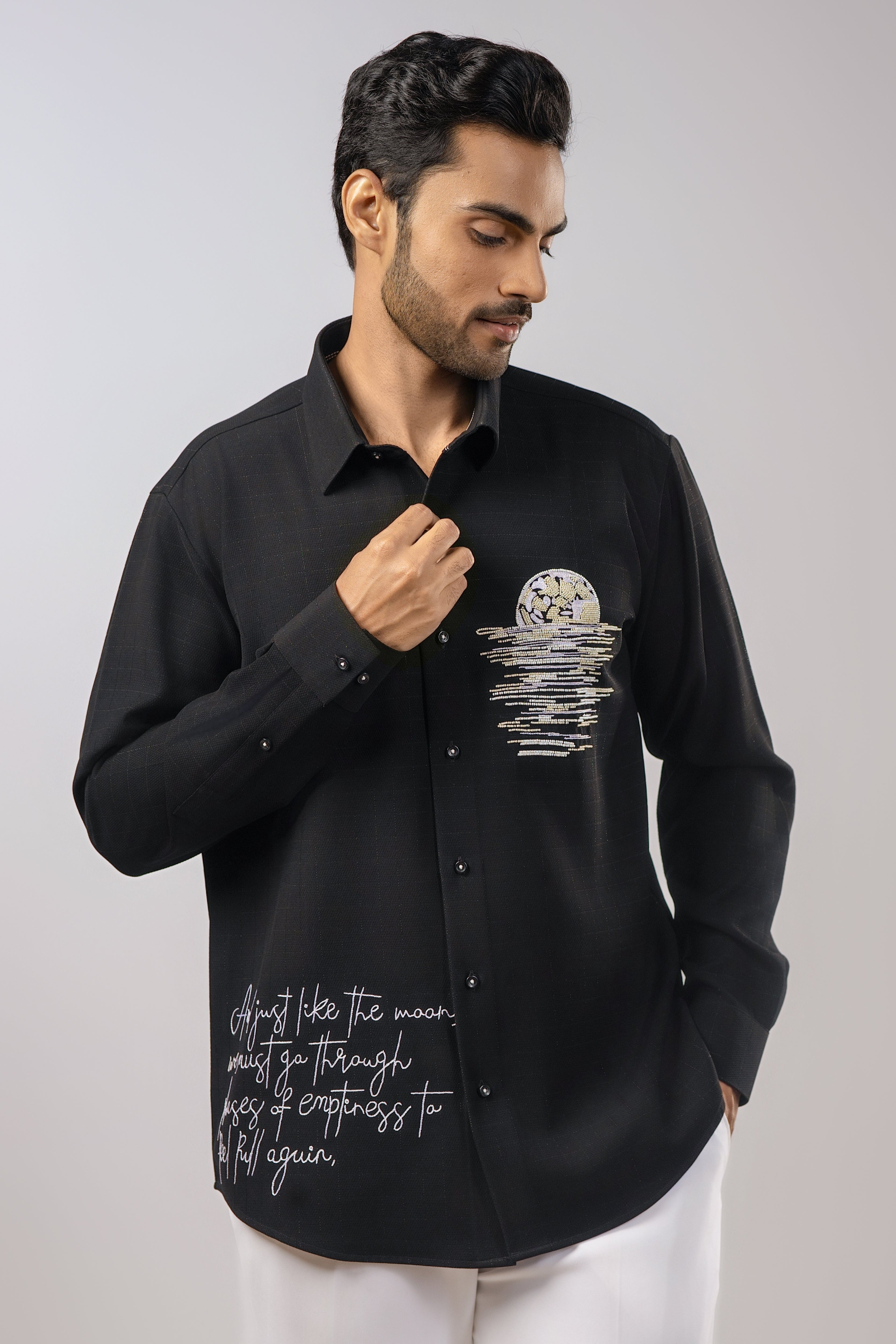 Phases — Moonrise Beadwork Embroidered Black Shirt with Cursive Quote