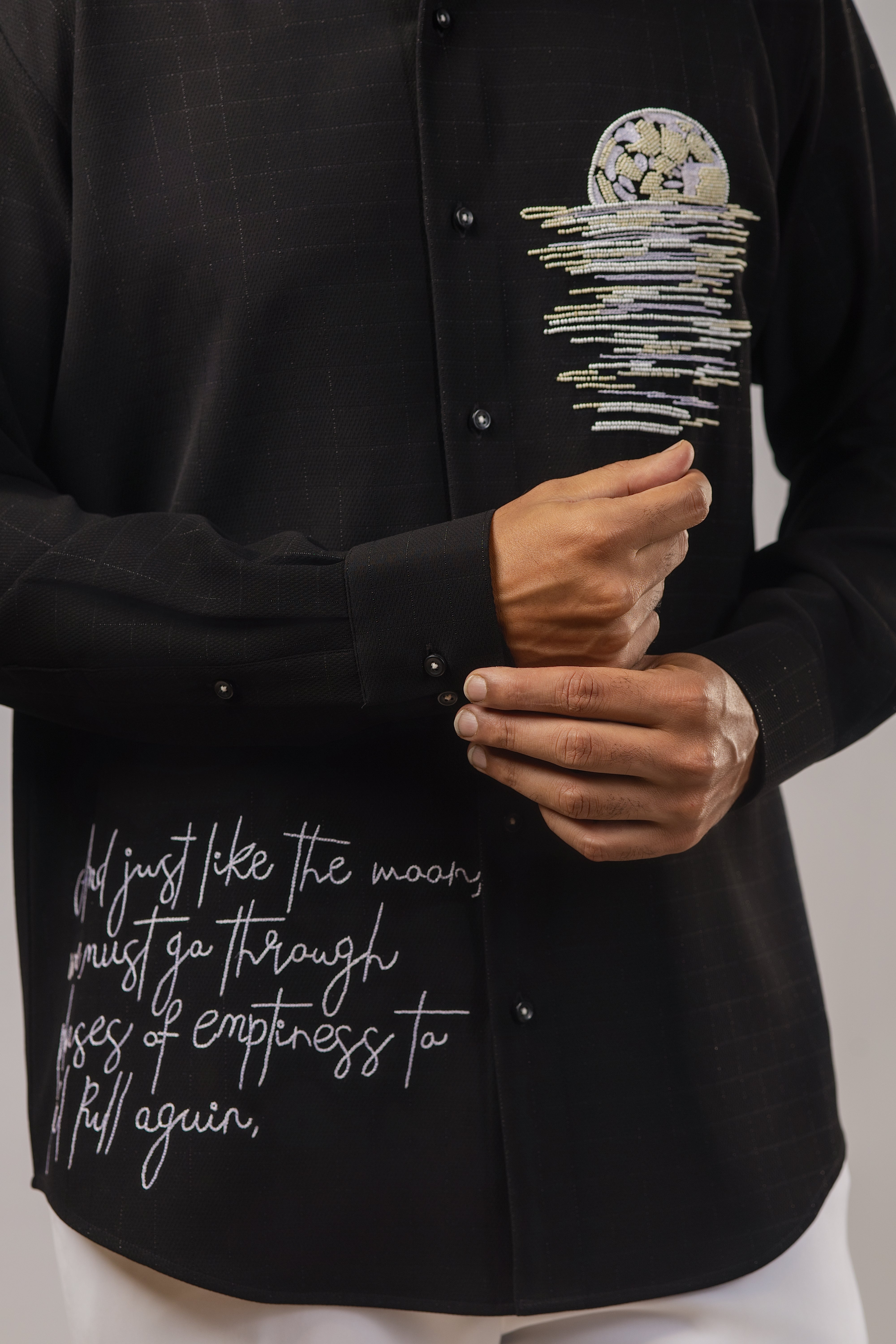 Phases — Moonrise Beadwork Embroidered Black Shirt with Cursive Quote