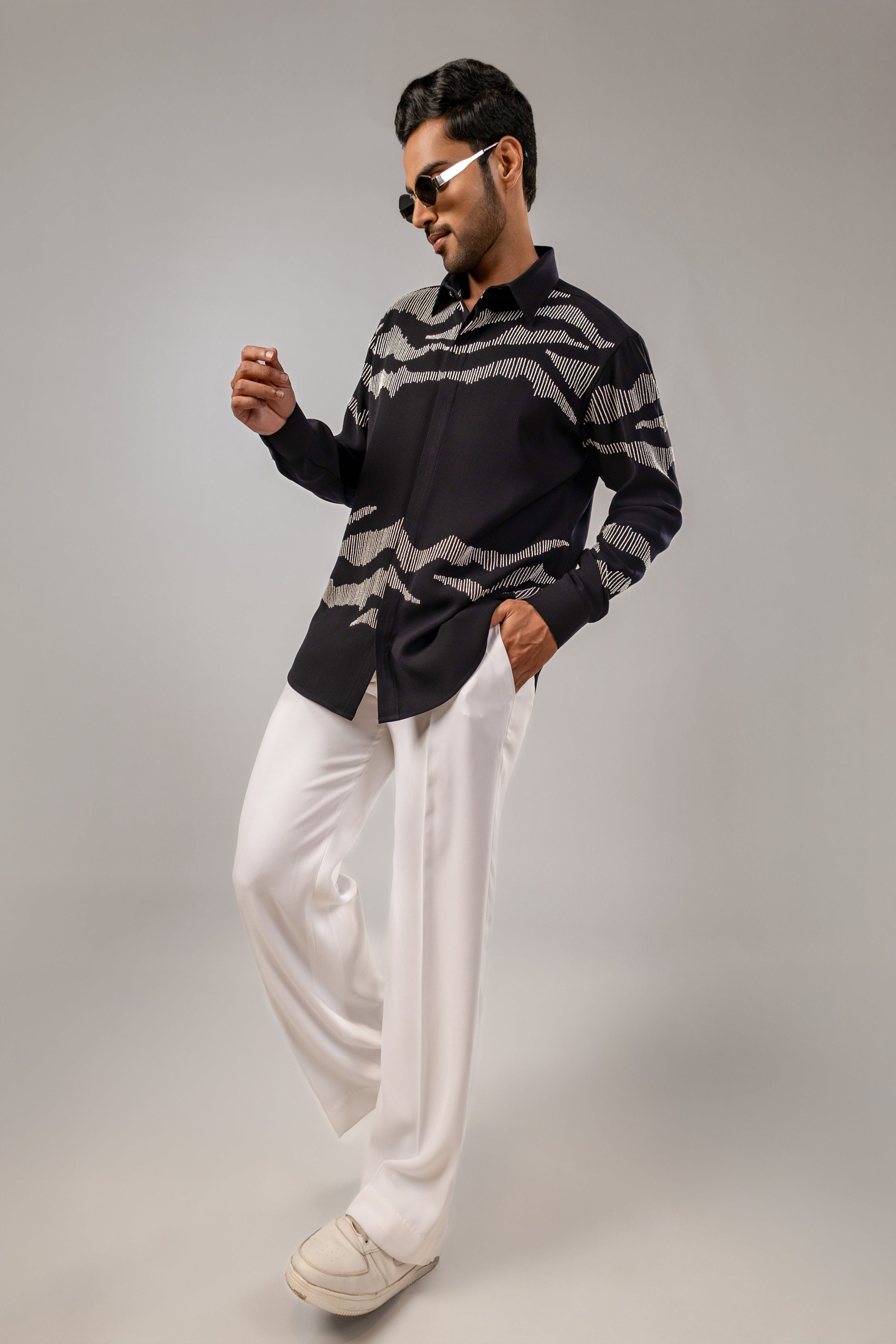 White Chevron Wave Embroidered Shirt
