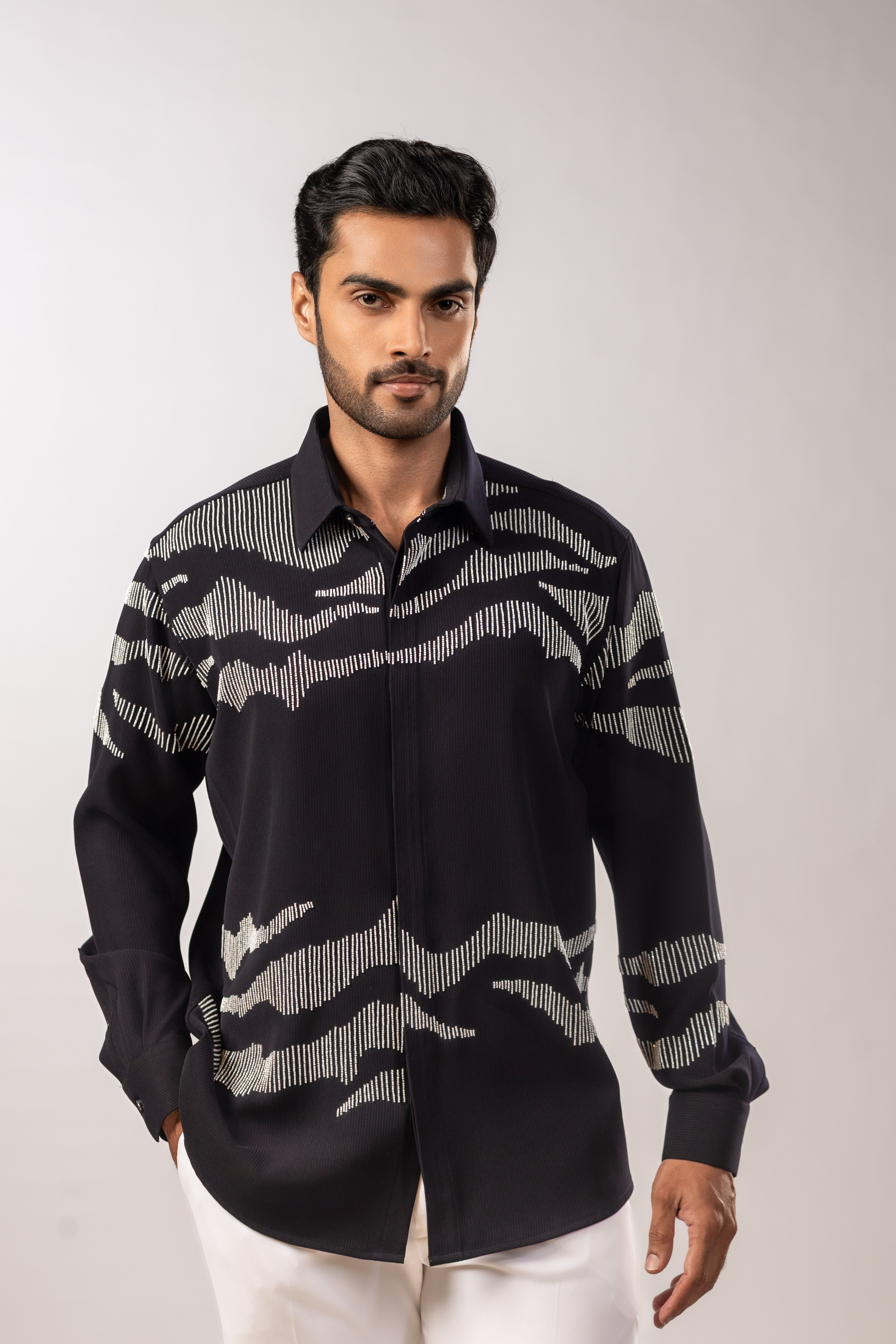 White Chevron Wave Embroidered Shirt