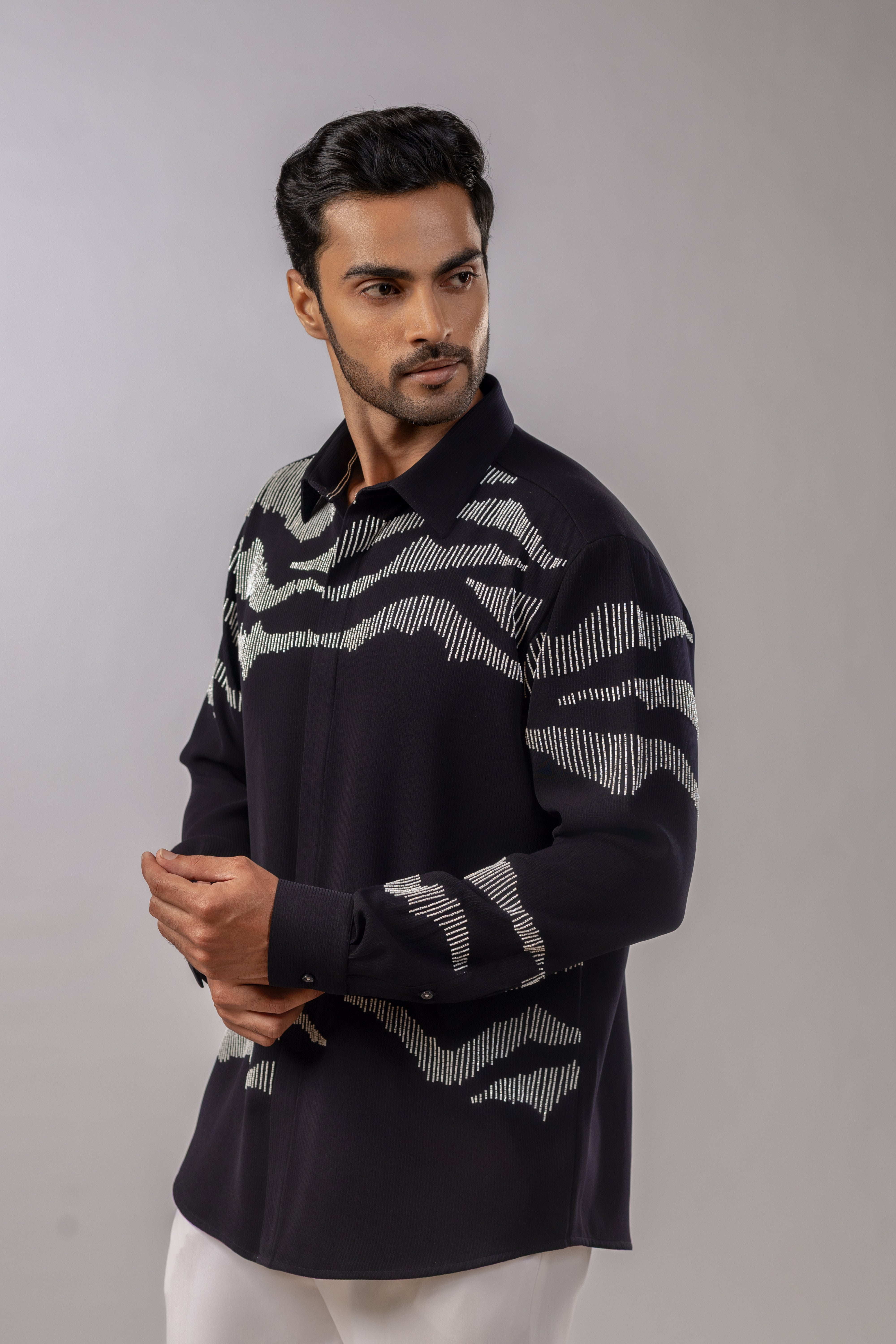 White Chevron Wave Embroidered Shirt