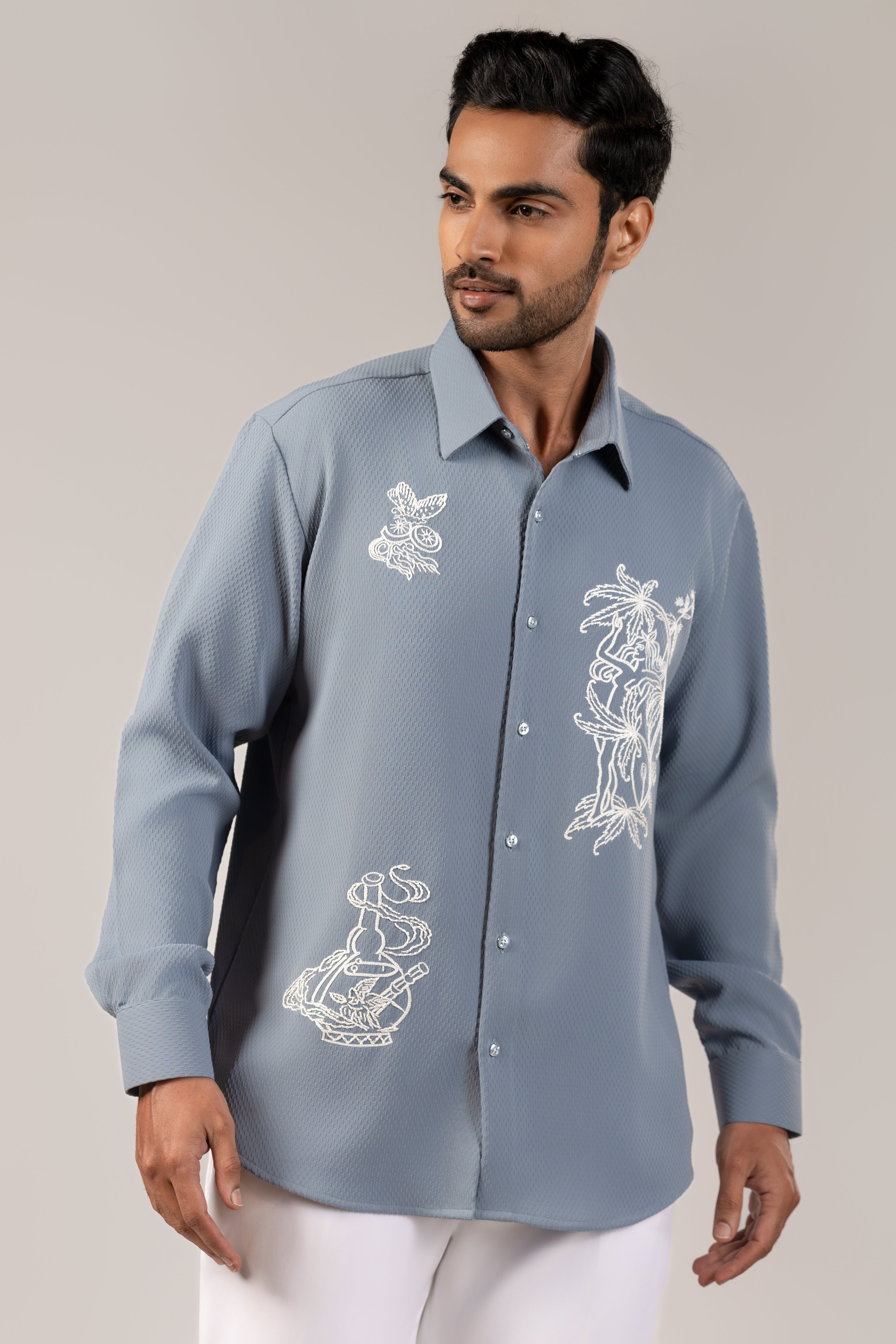 Scattered Muse — Steel Blue Patch Embroidery Shirt