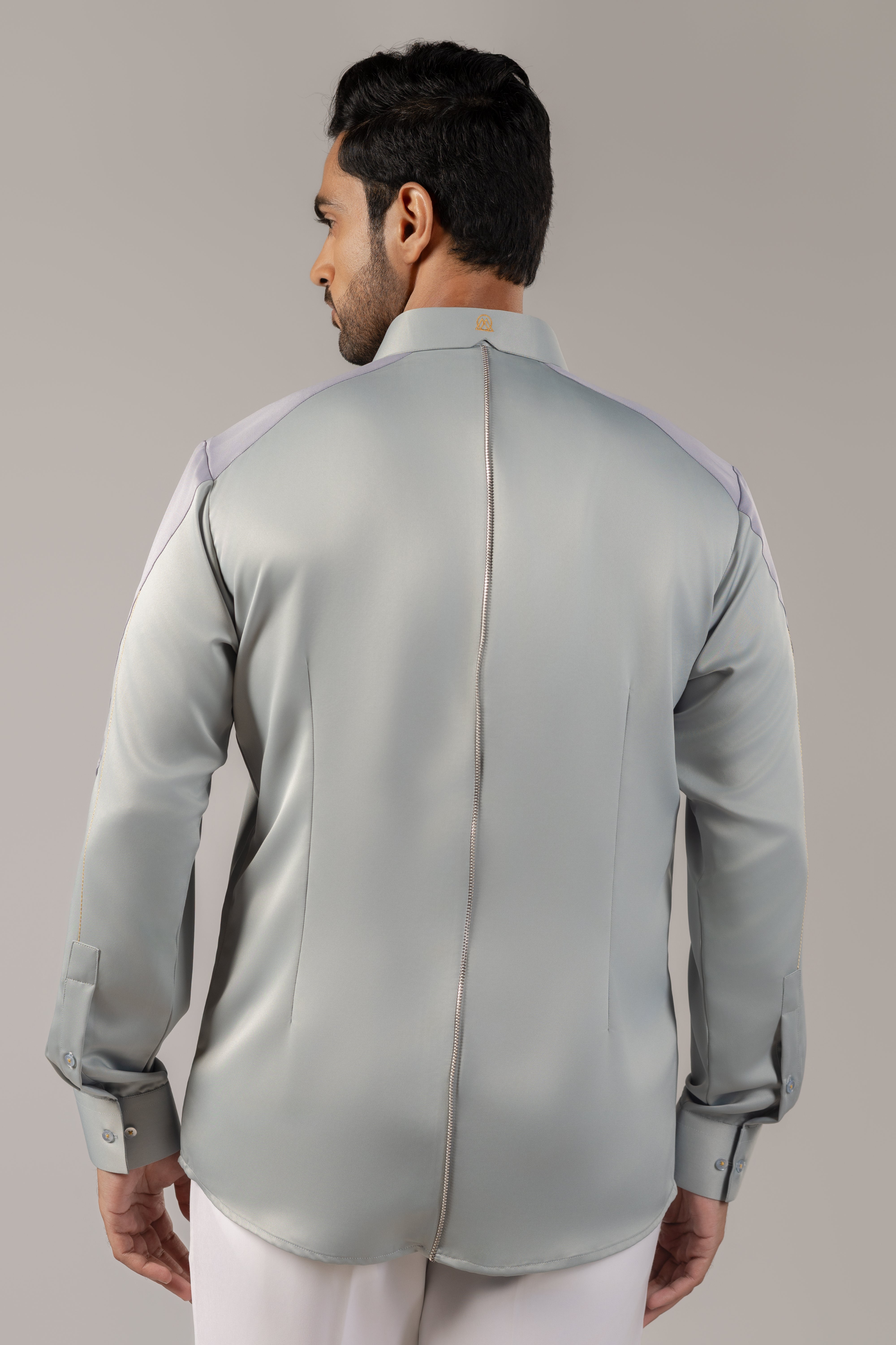 Crescent Over the Palms — Colour Block Satin Shirt with Gold Embroidery
