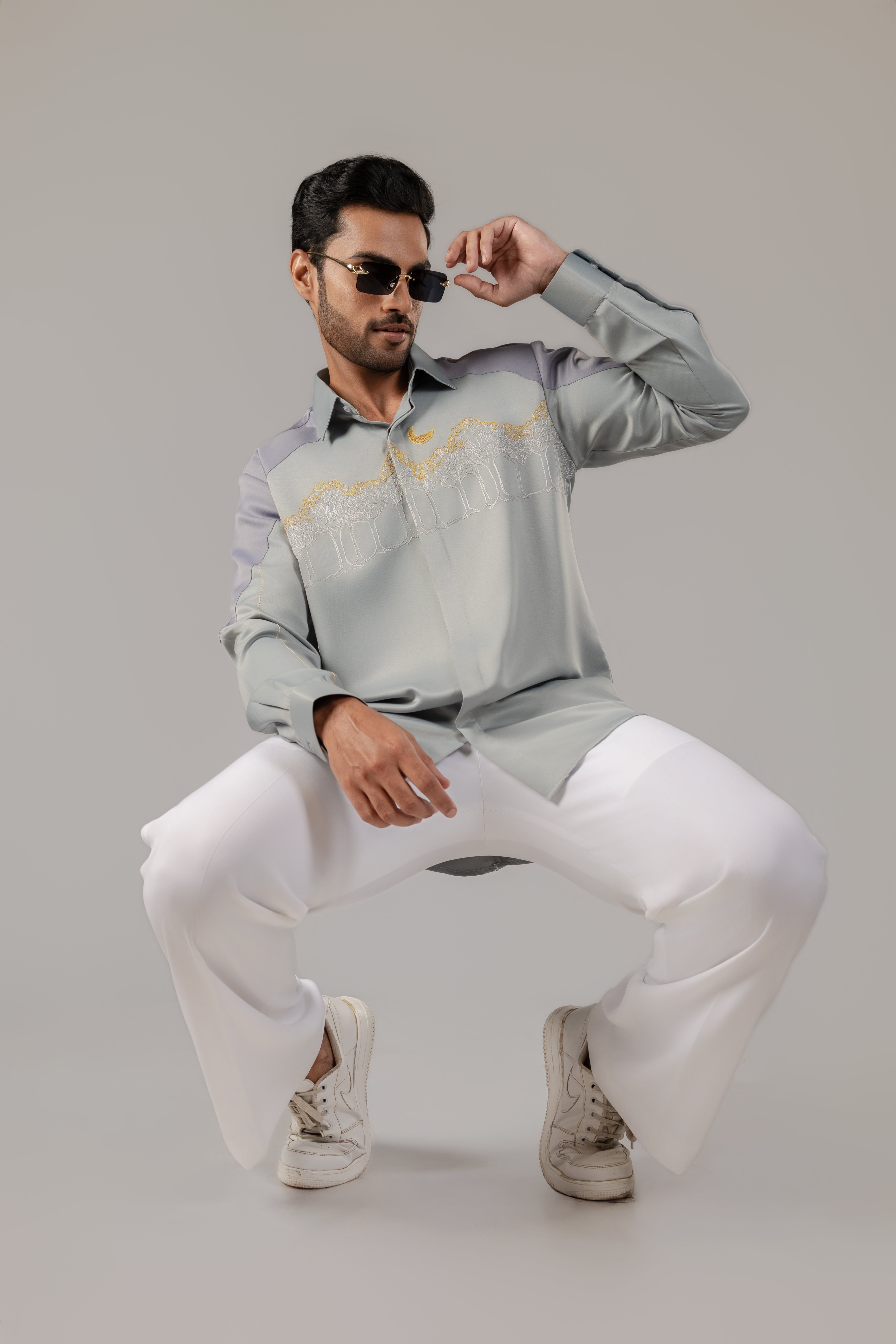 Crescent Over the Palms — Colour Block Satin Shirt with Gold Embroidery
