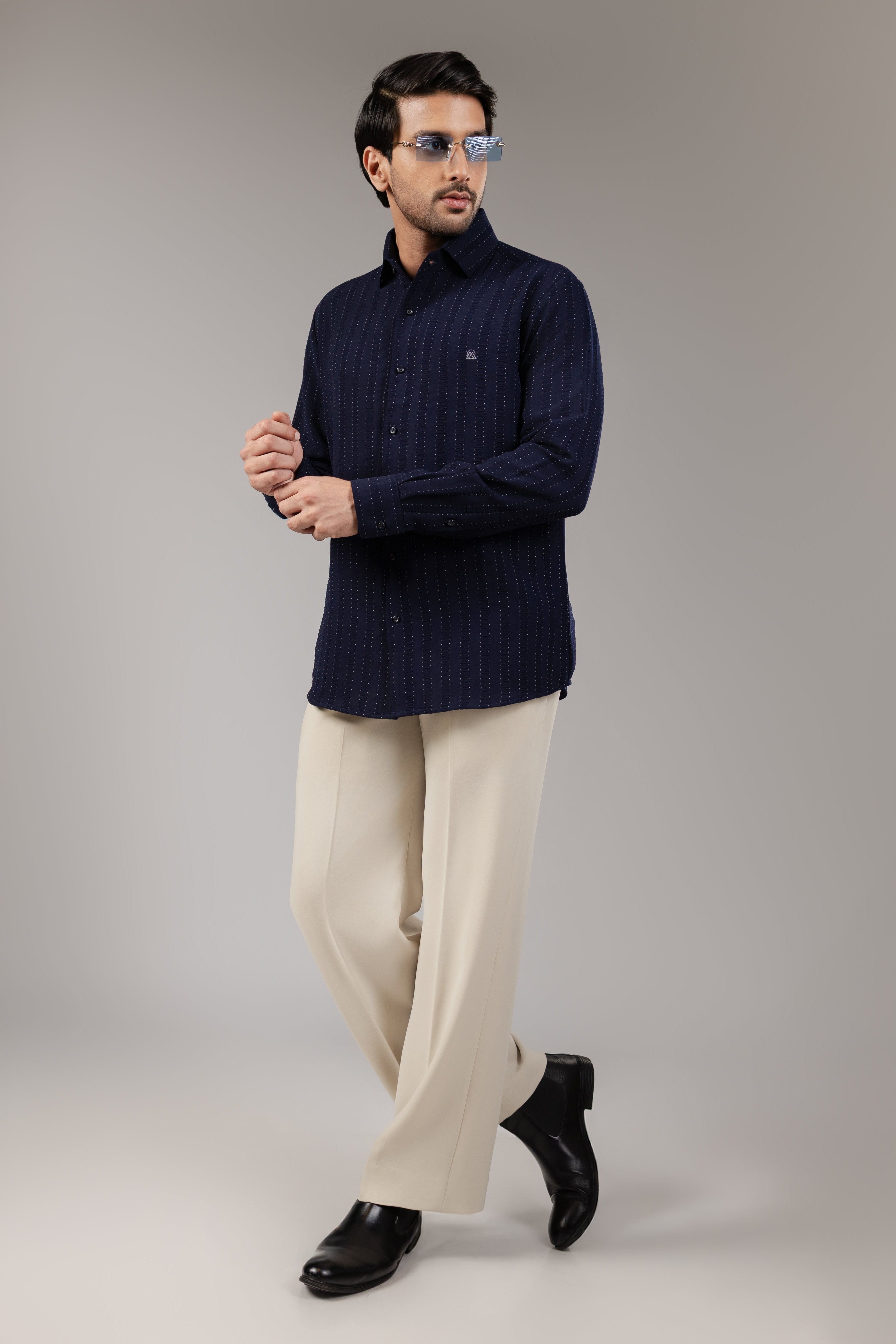 Midnight Navy Tonal Pinstripe Shirt with Monogram Chest Detail