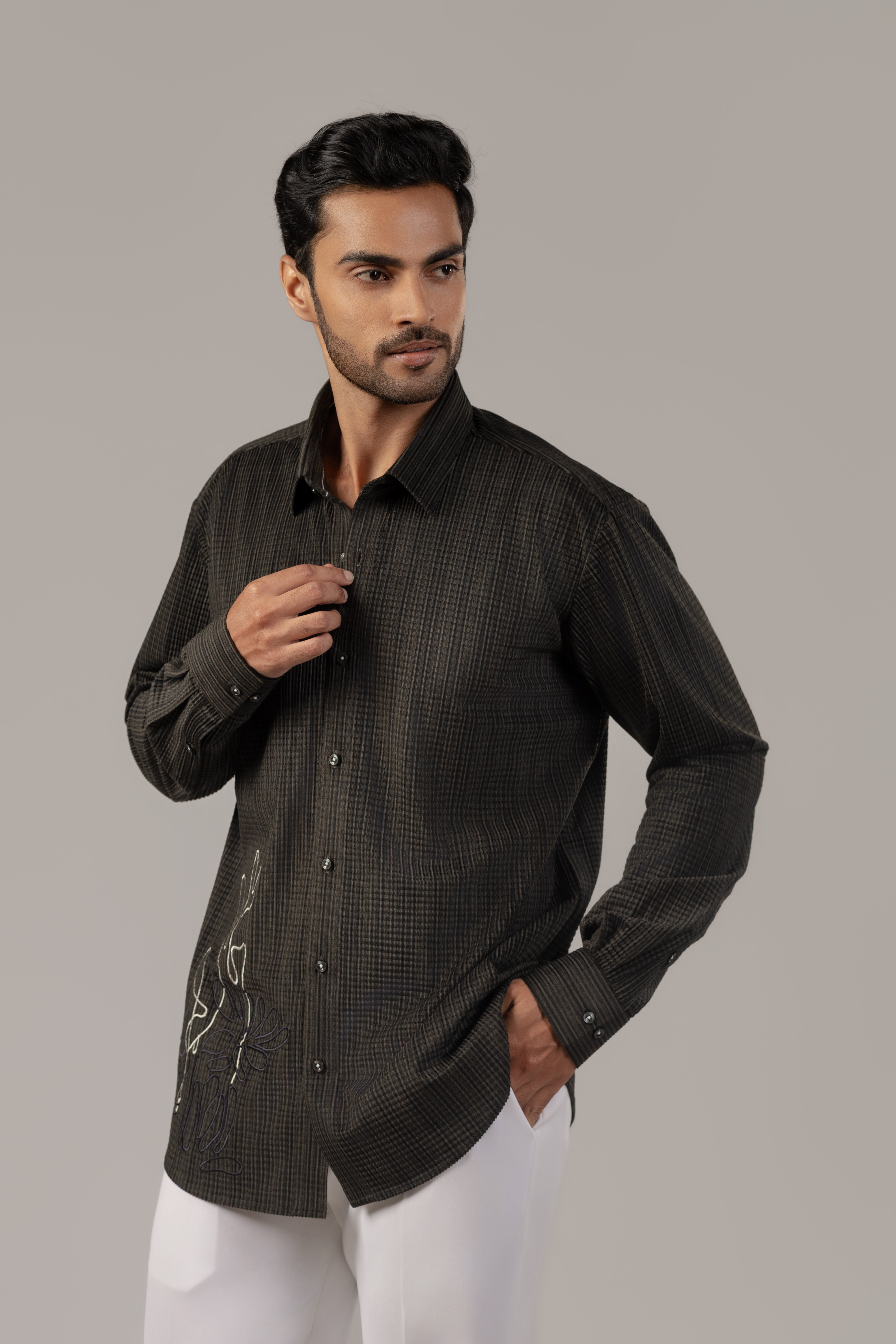 Olive Gold Lurex Stripe Shirt with Abstract Cactus Embroidery