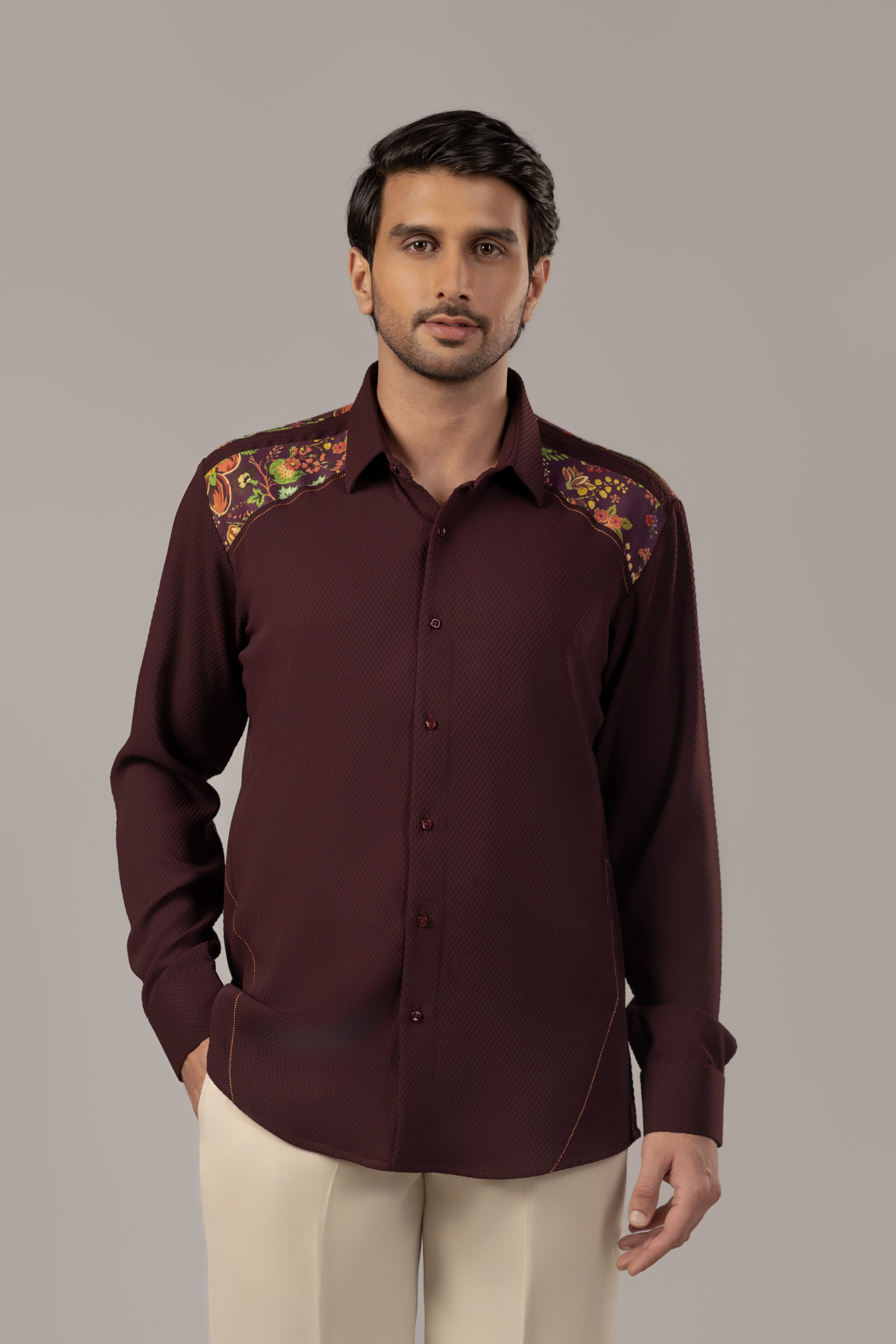 Burgundy Diamond-Weave Shirt with Paisley Shoulder Embroidery Panel