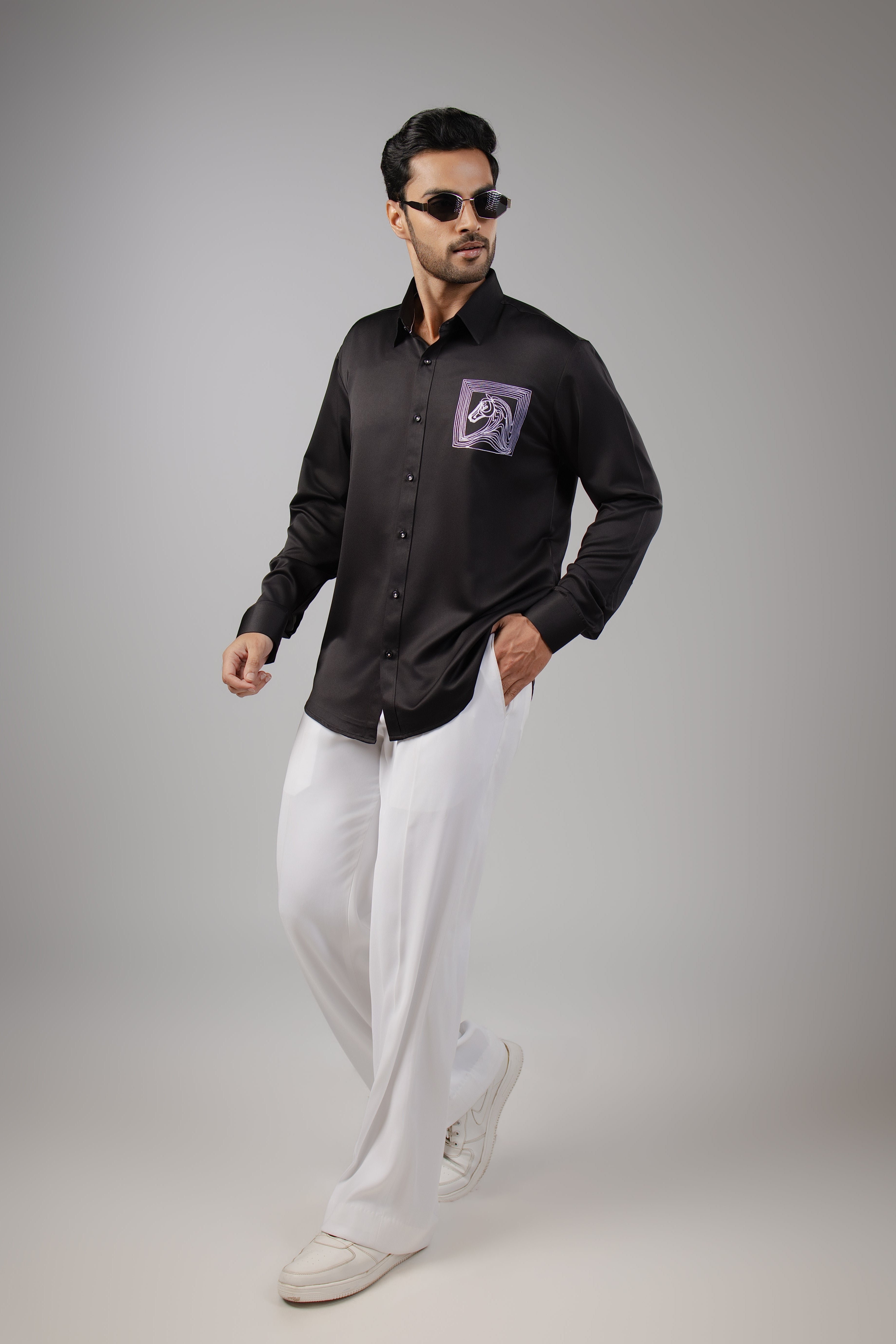 Black Satin Framed Horse Portrait Wave Back Embroidered Shirt