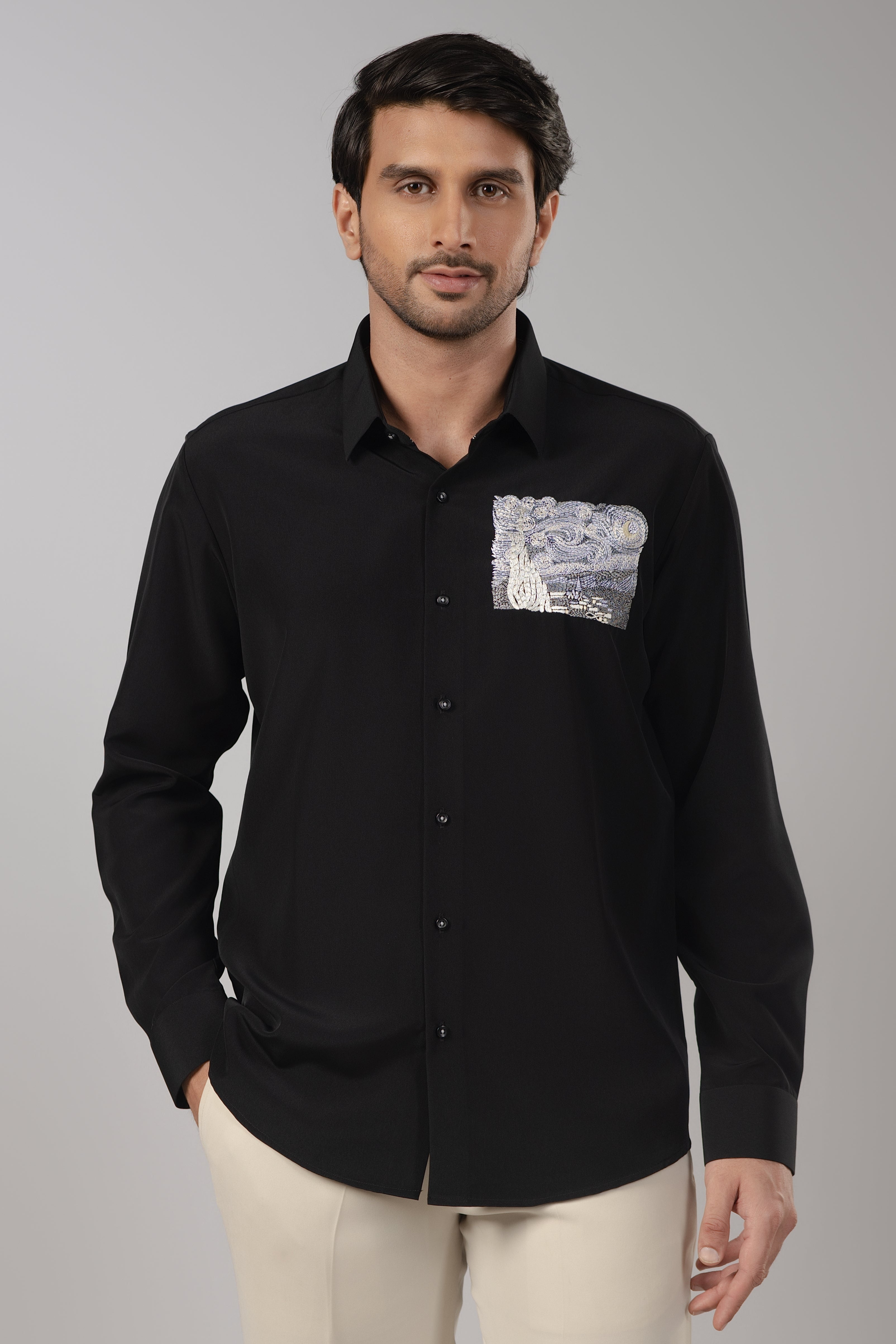 Black Matte Starry Night Temple Patch Embroidered Shirt