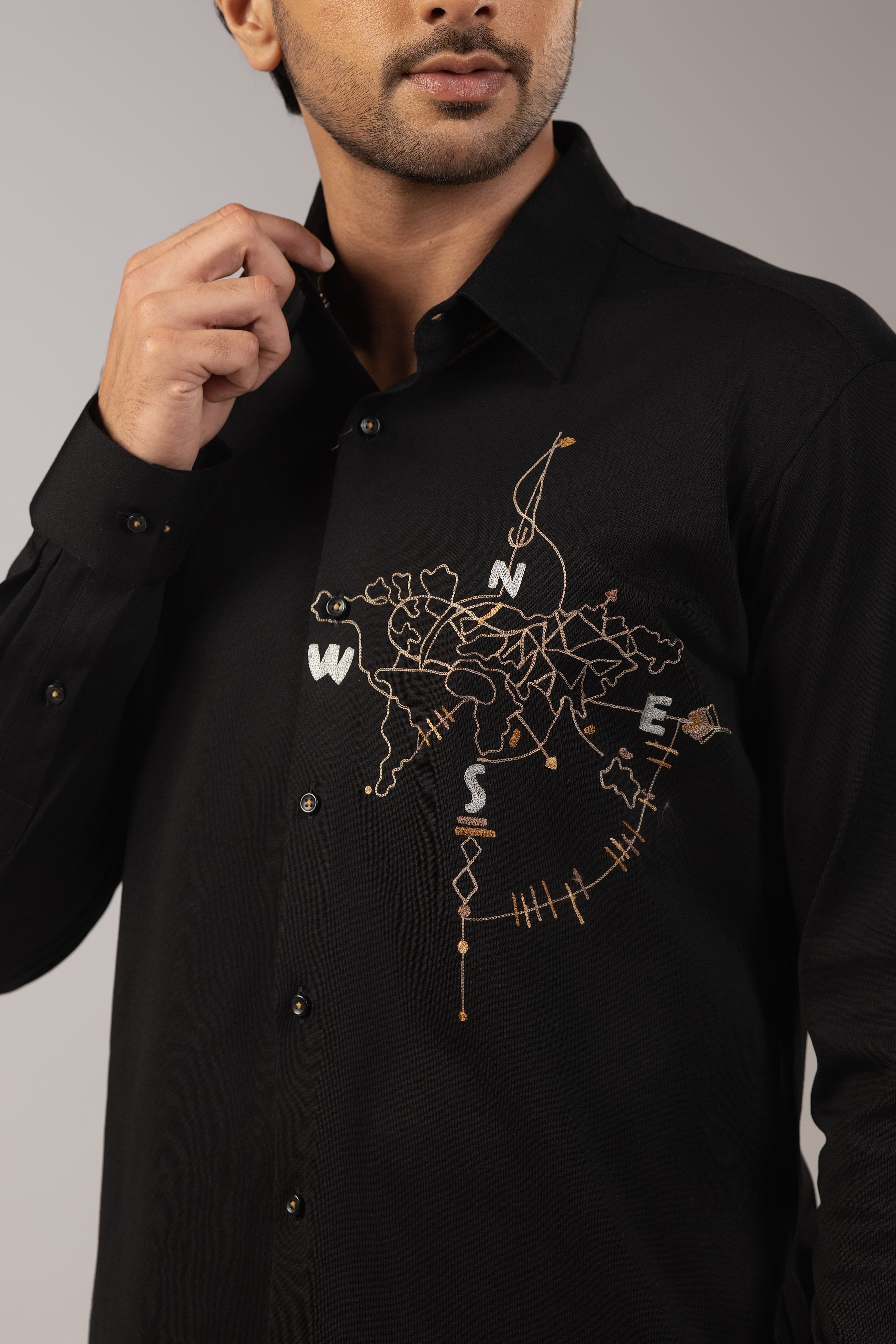 Black Satin World Map Compass Embroidered Shirt