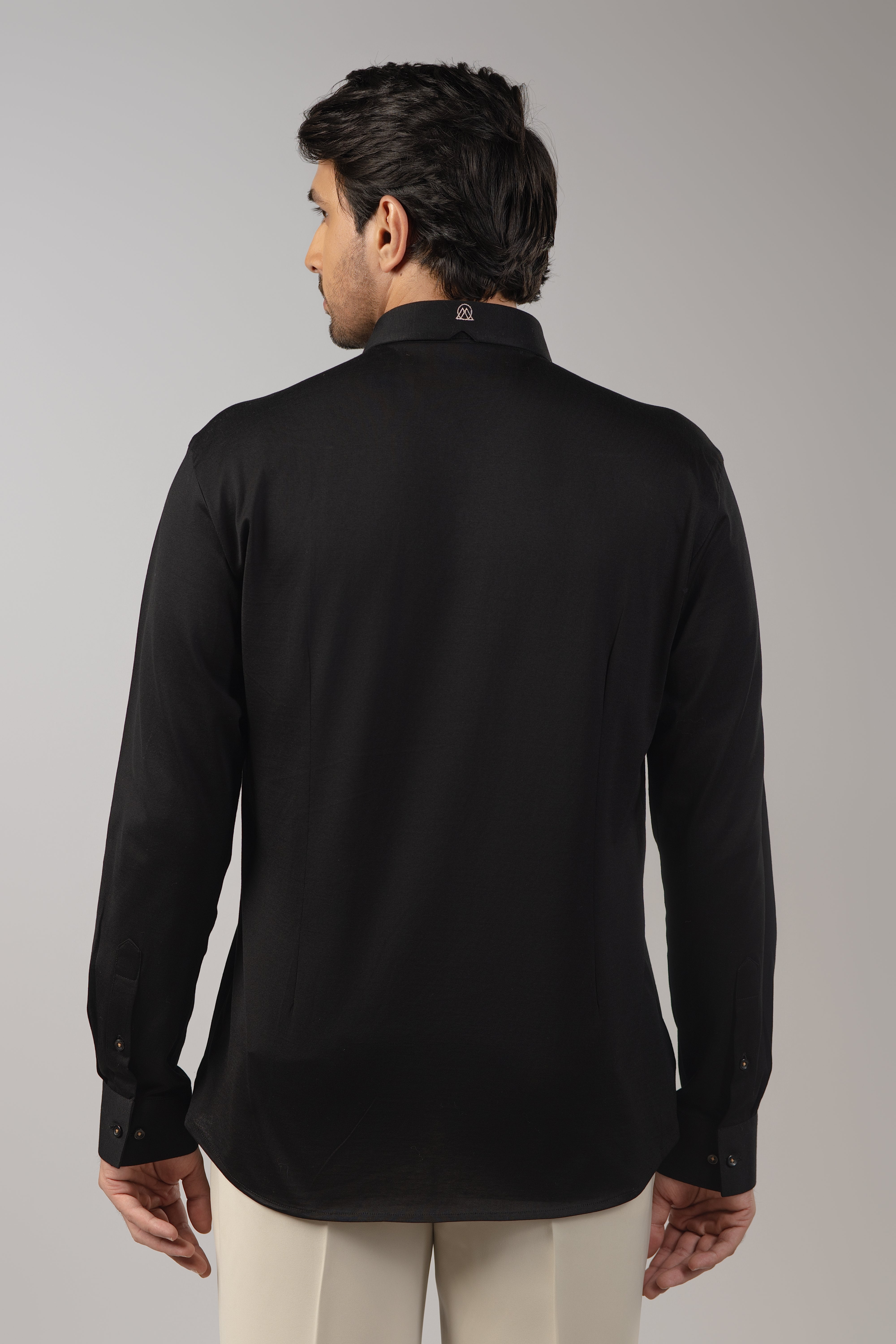Black Satin World Map Compass Embroidered Shirt