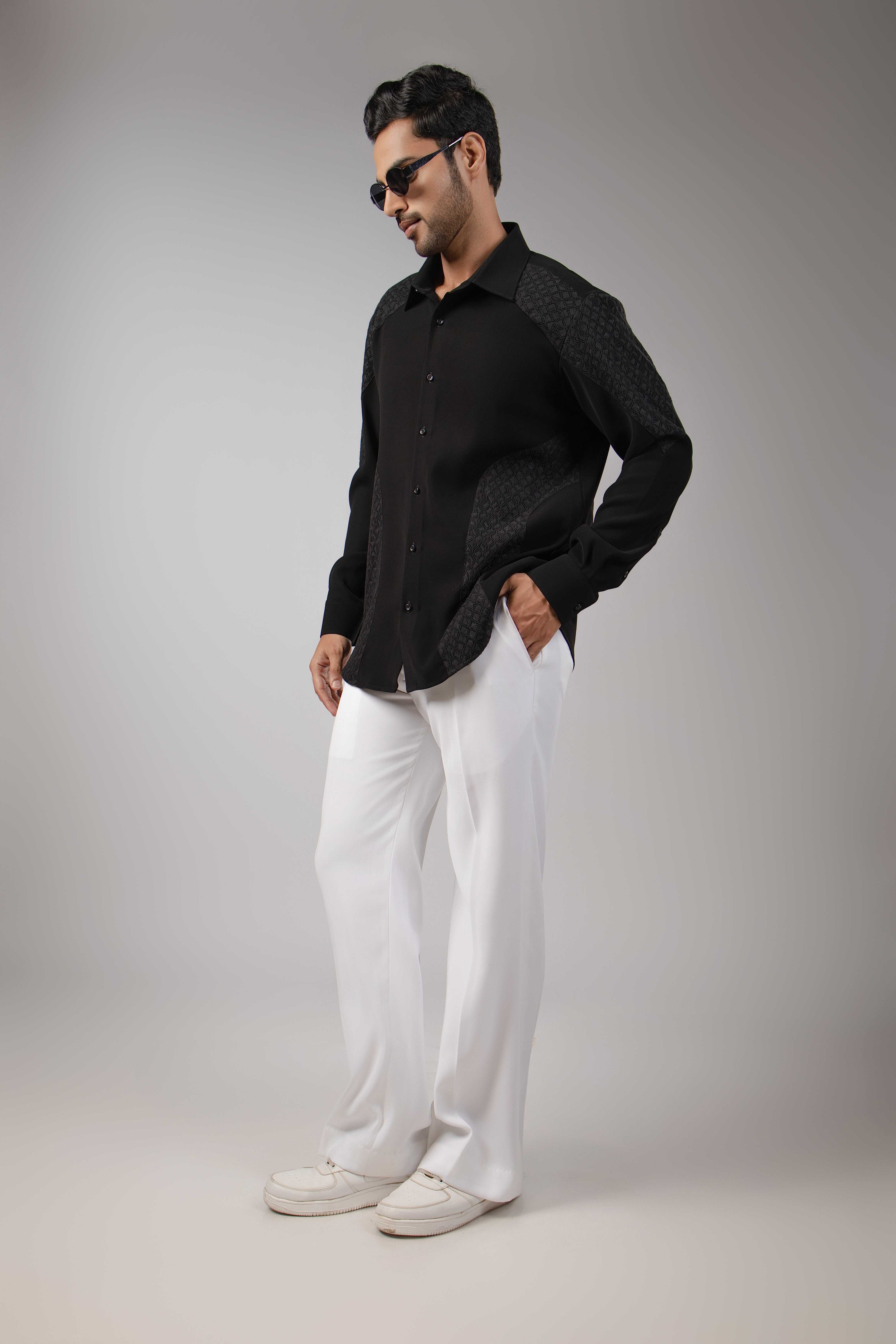 All Black Tonal Diamond Lattice Shoulder Embroidered Shirt