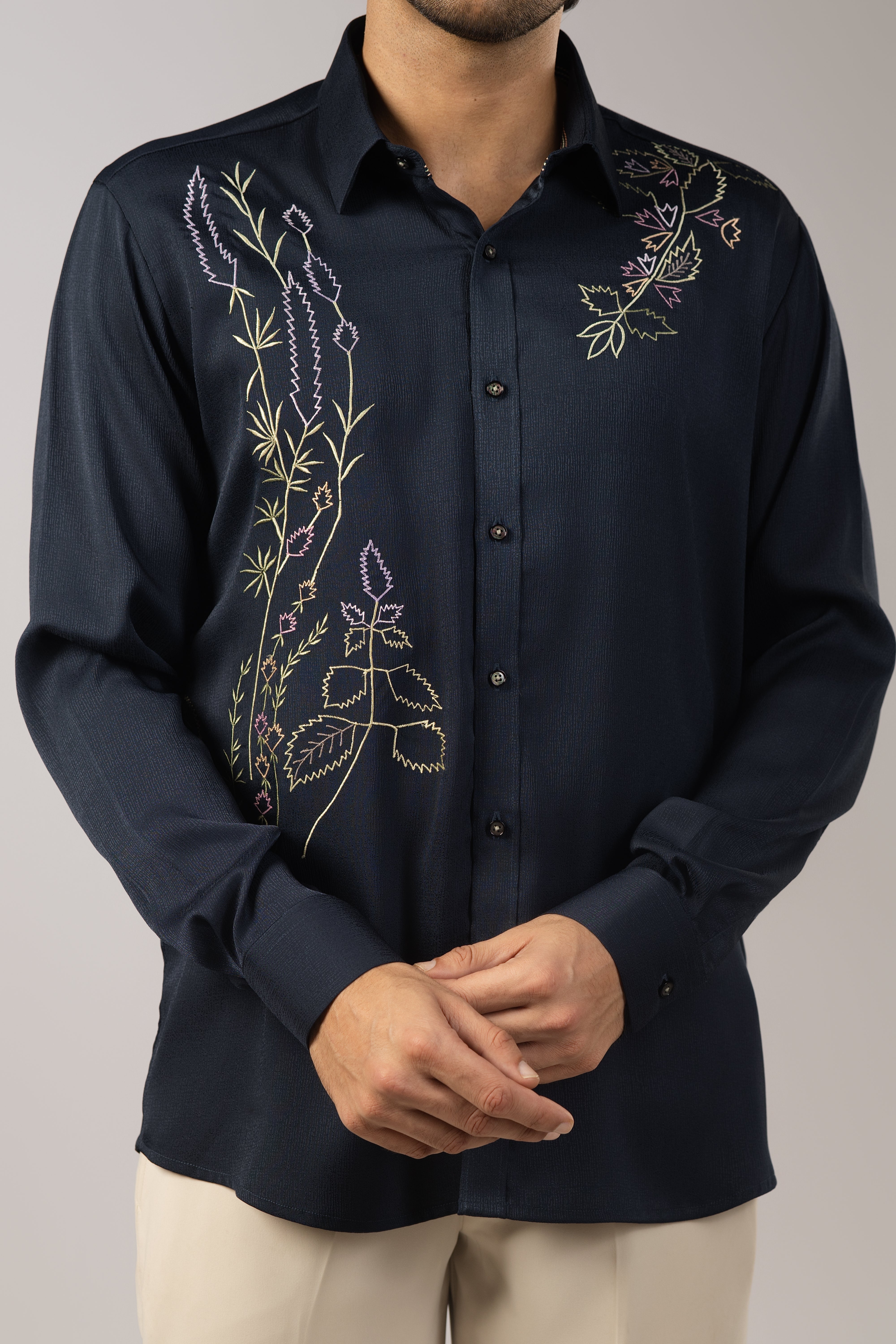 Midnight Navy Satin Diagonal Wild Botanical Embroidered Shirt