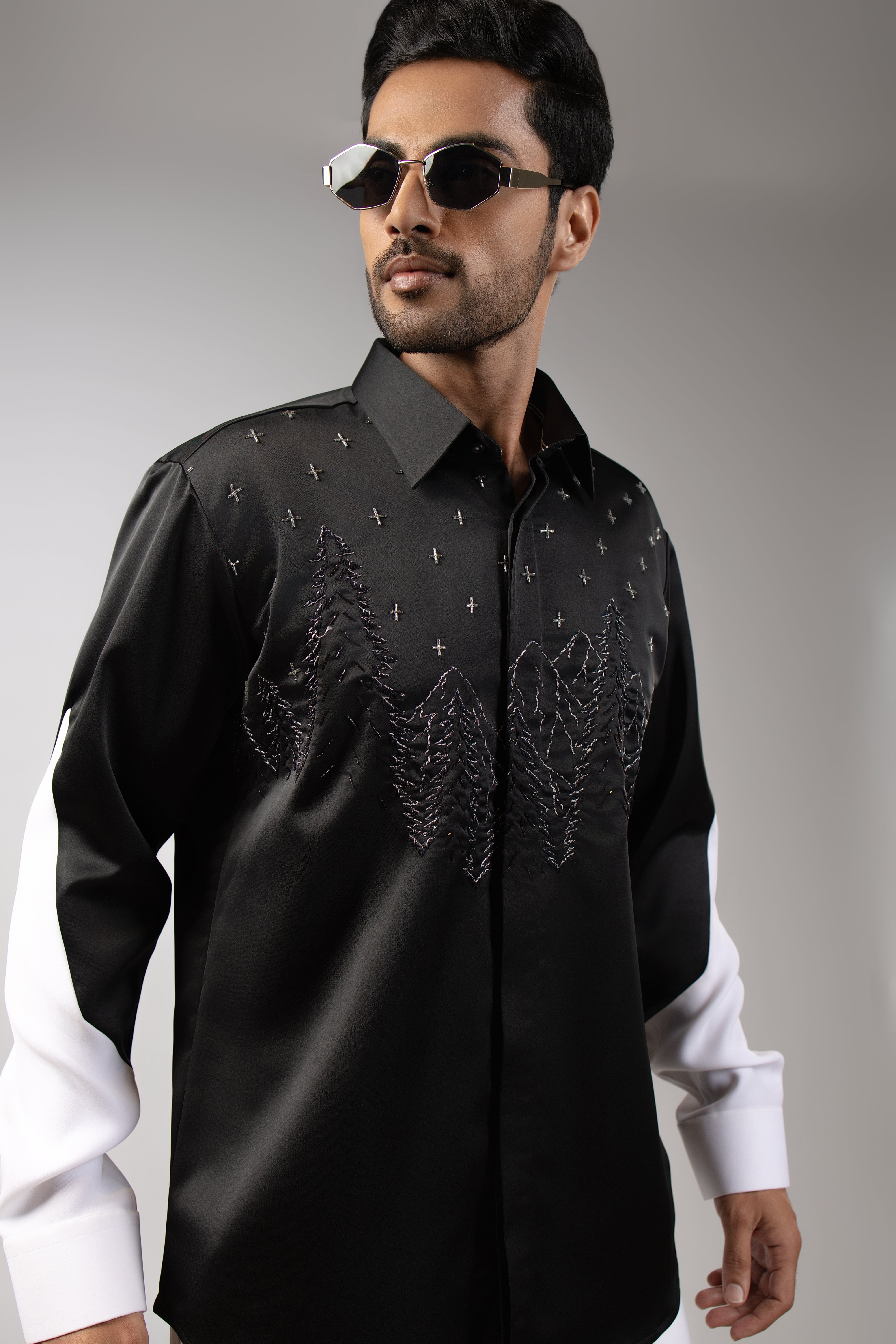 Black Satin White Sleeve Starry Forest Embroidered Shirt
