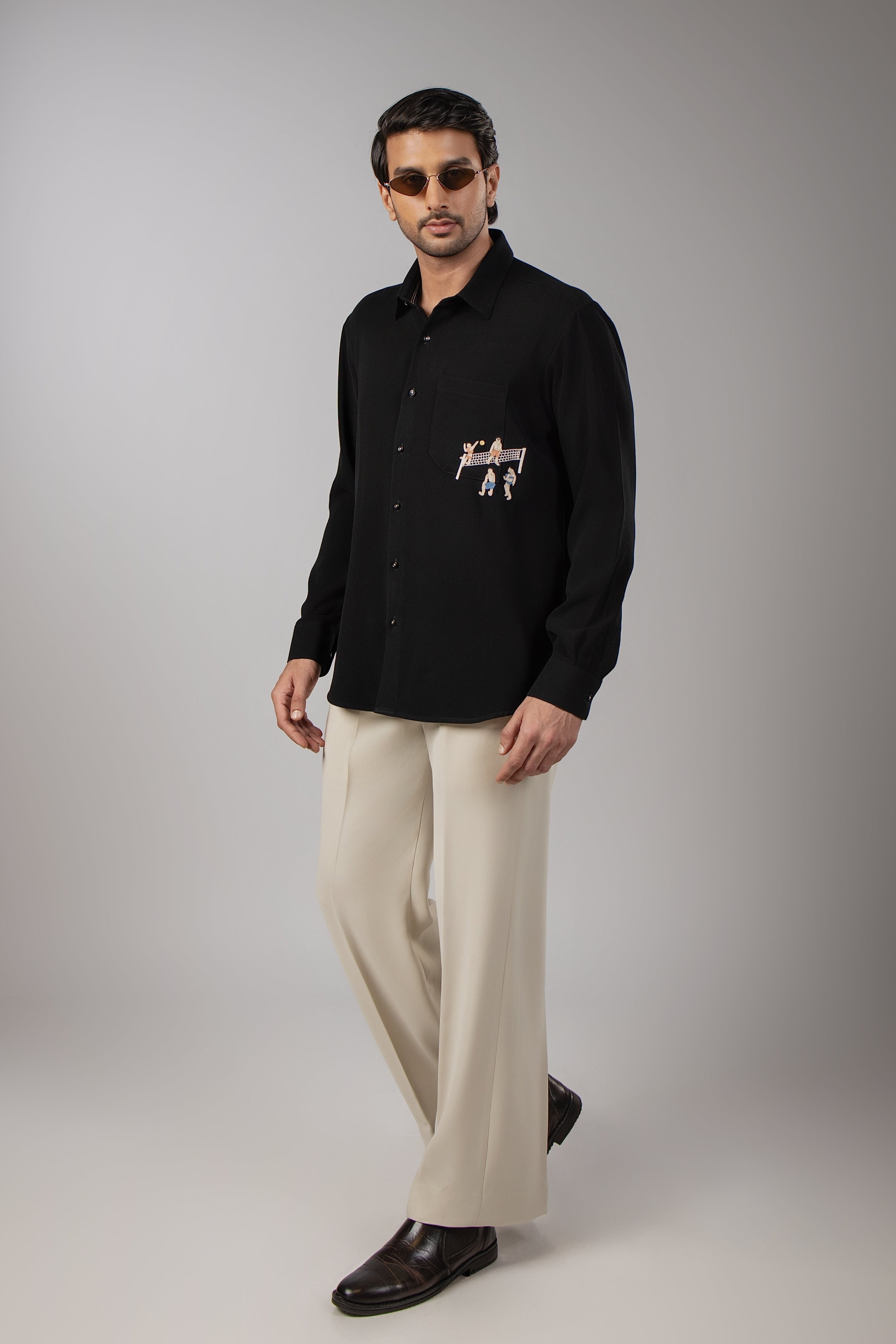 Black Volleyball Match Multicolour Embroidered Shirt