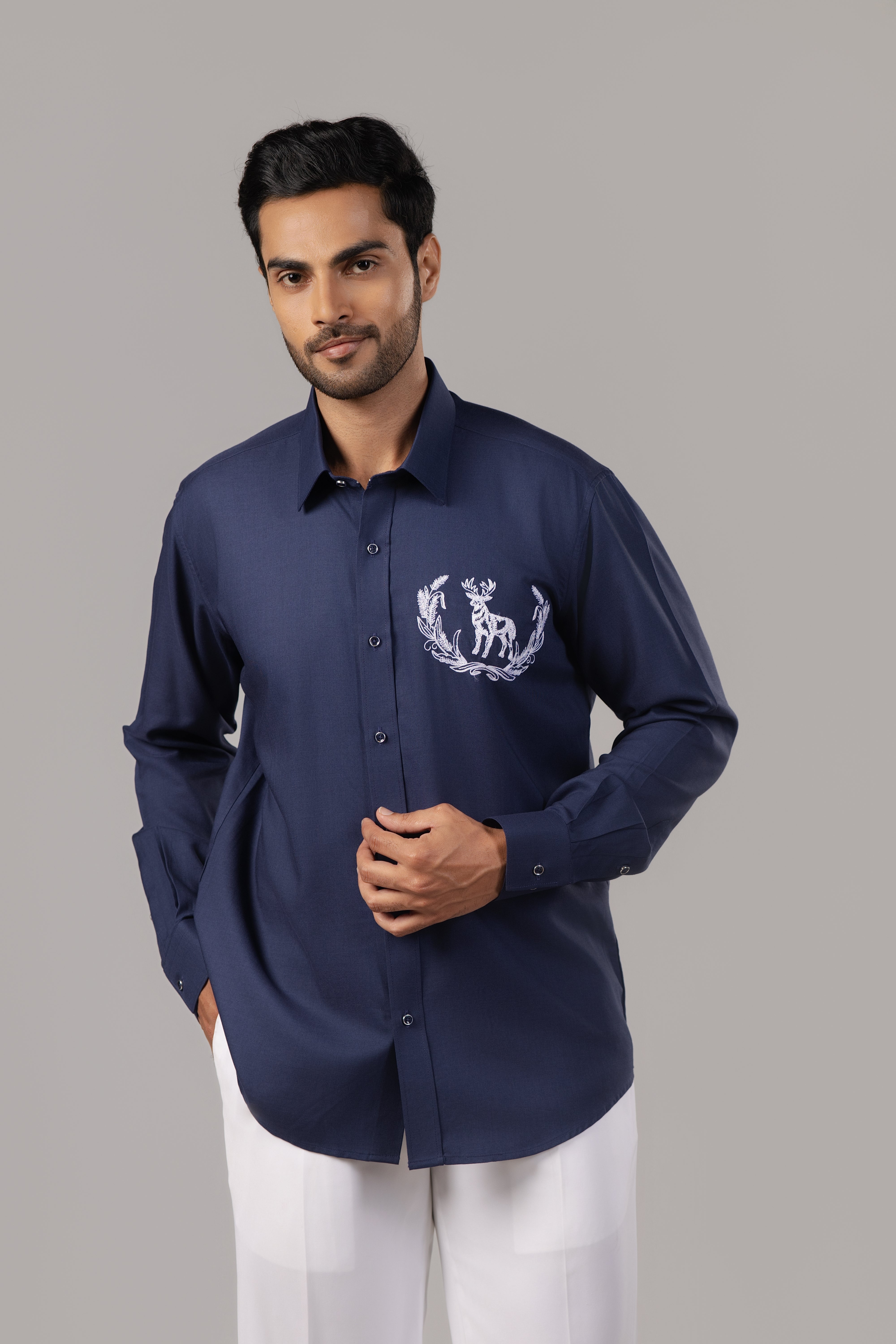 Navy Blue Stag Crest Laurel Embroidered Shirt