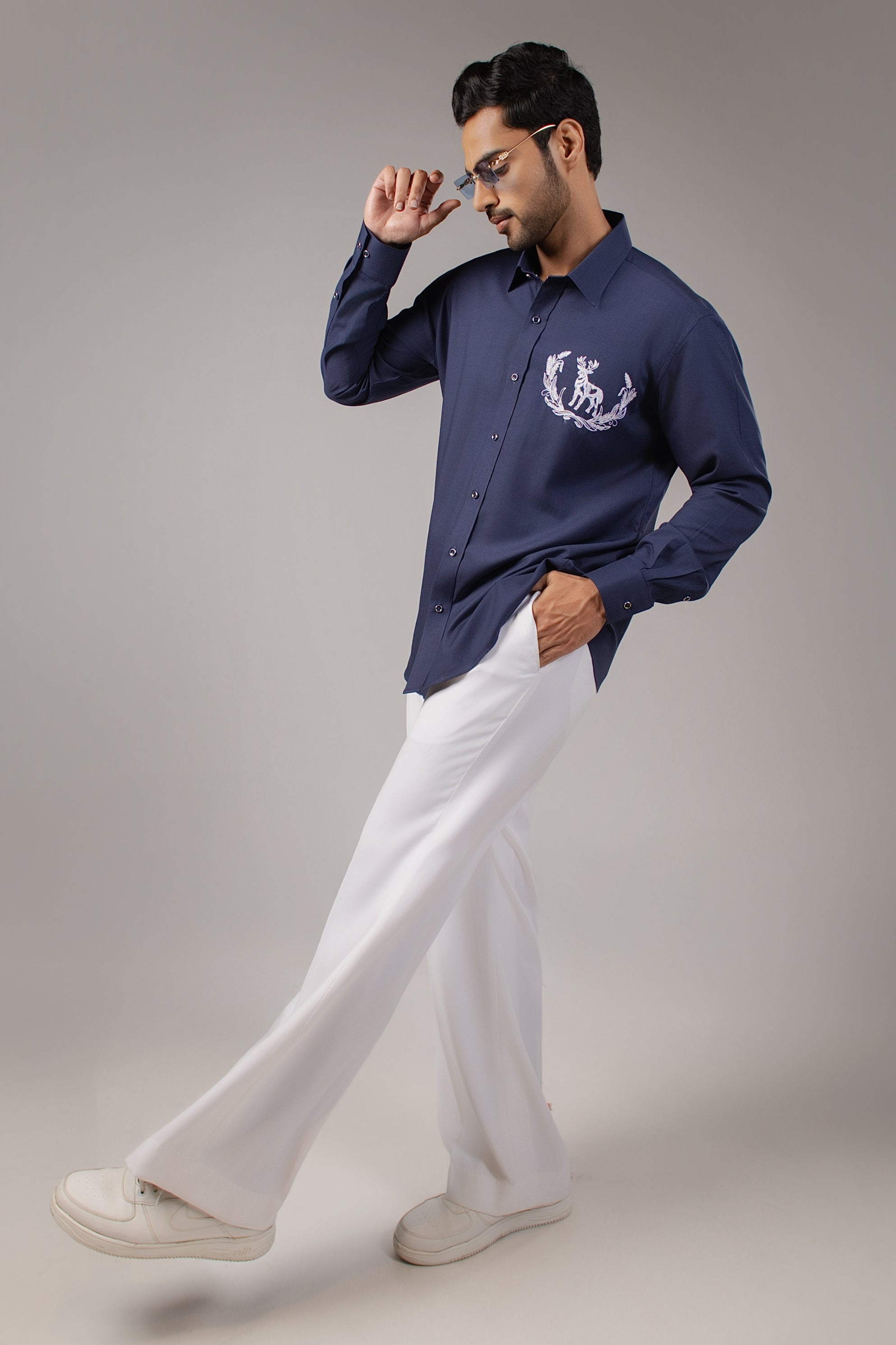 Navy Blue Stag Crest Laurel Embroidered Shirt