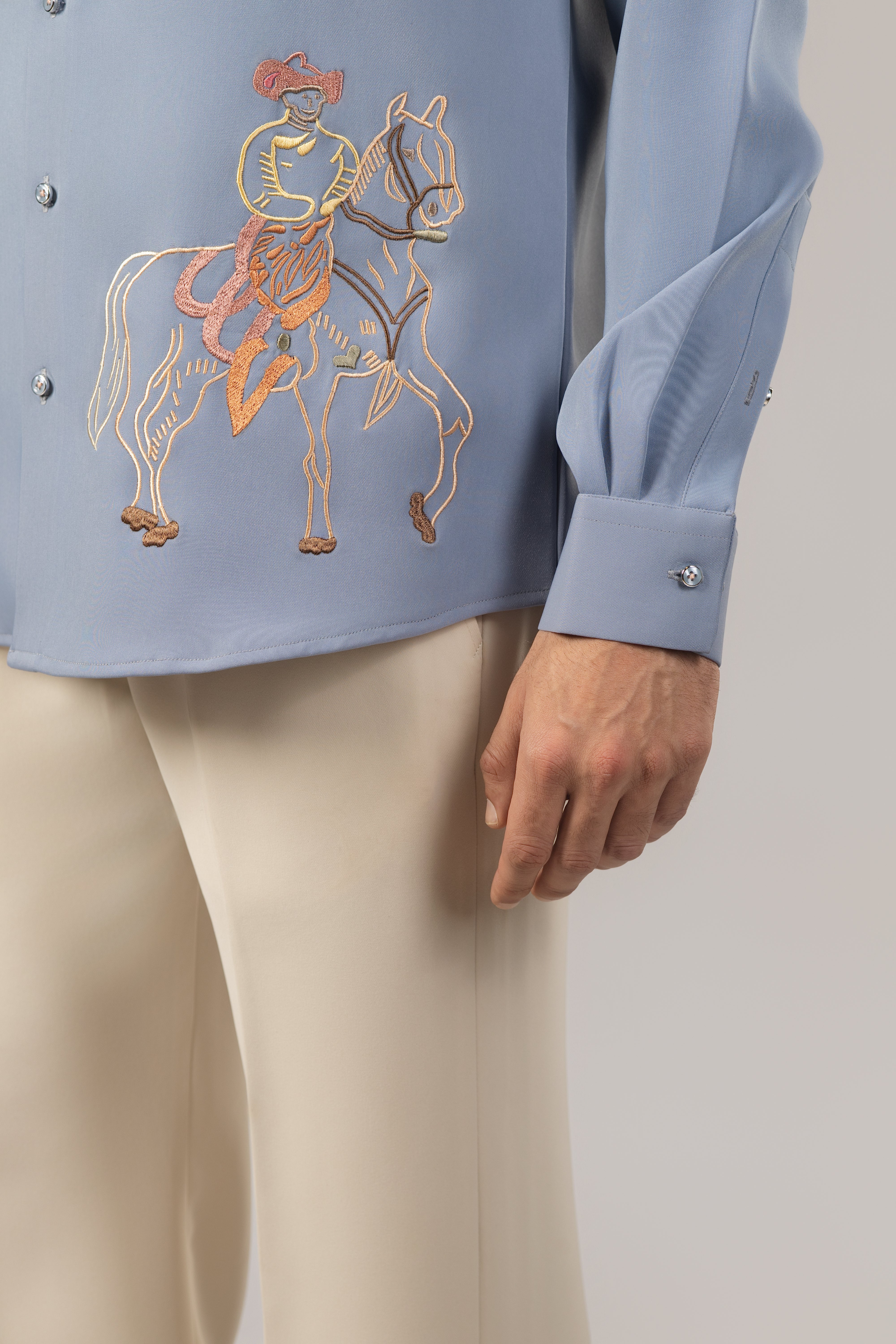 Slate Blue Rajasthani Horseman Folk Art Embroidered Shirt