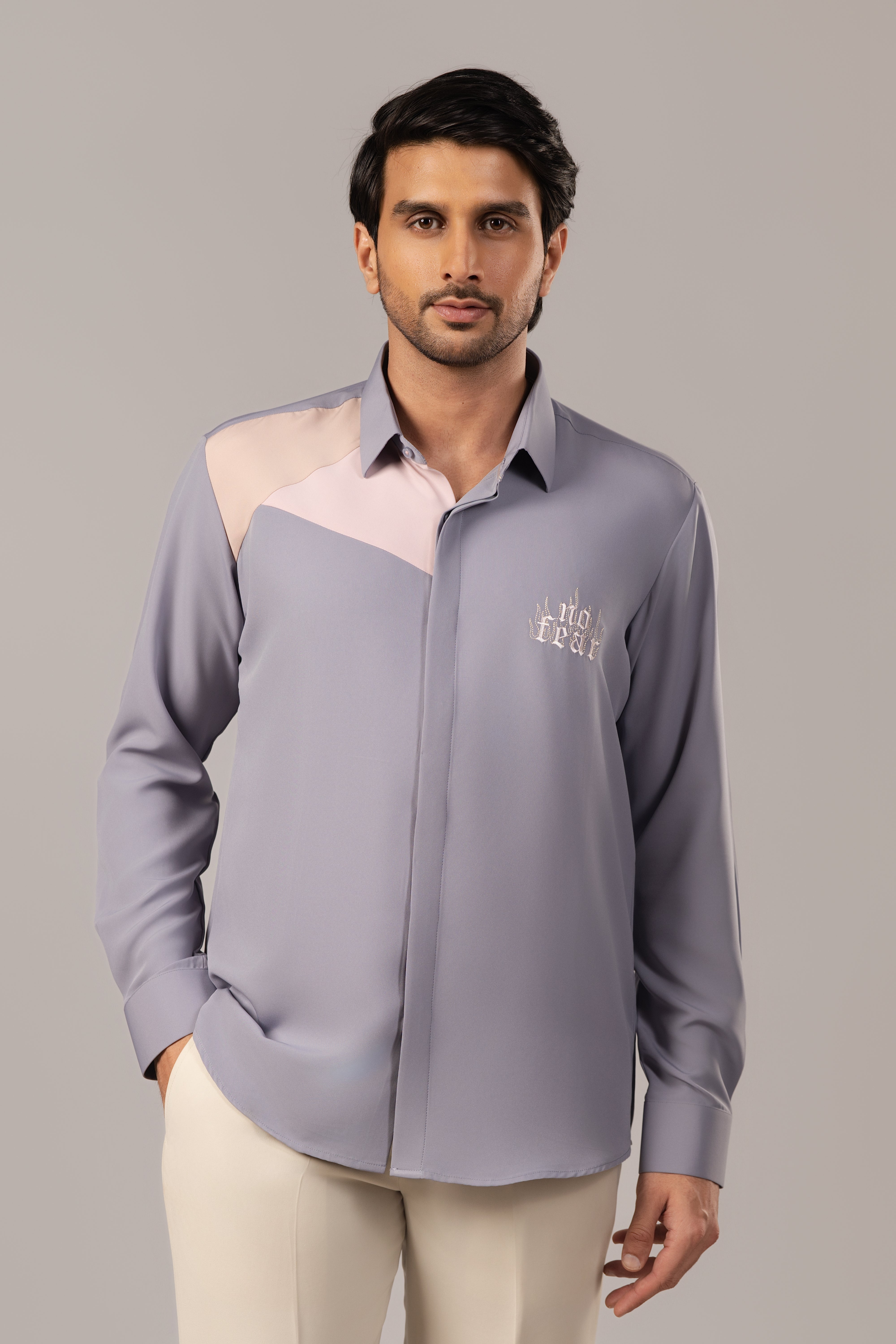 Steel Blue Colourblock Logo Embroidered Shirt