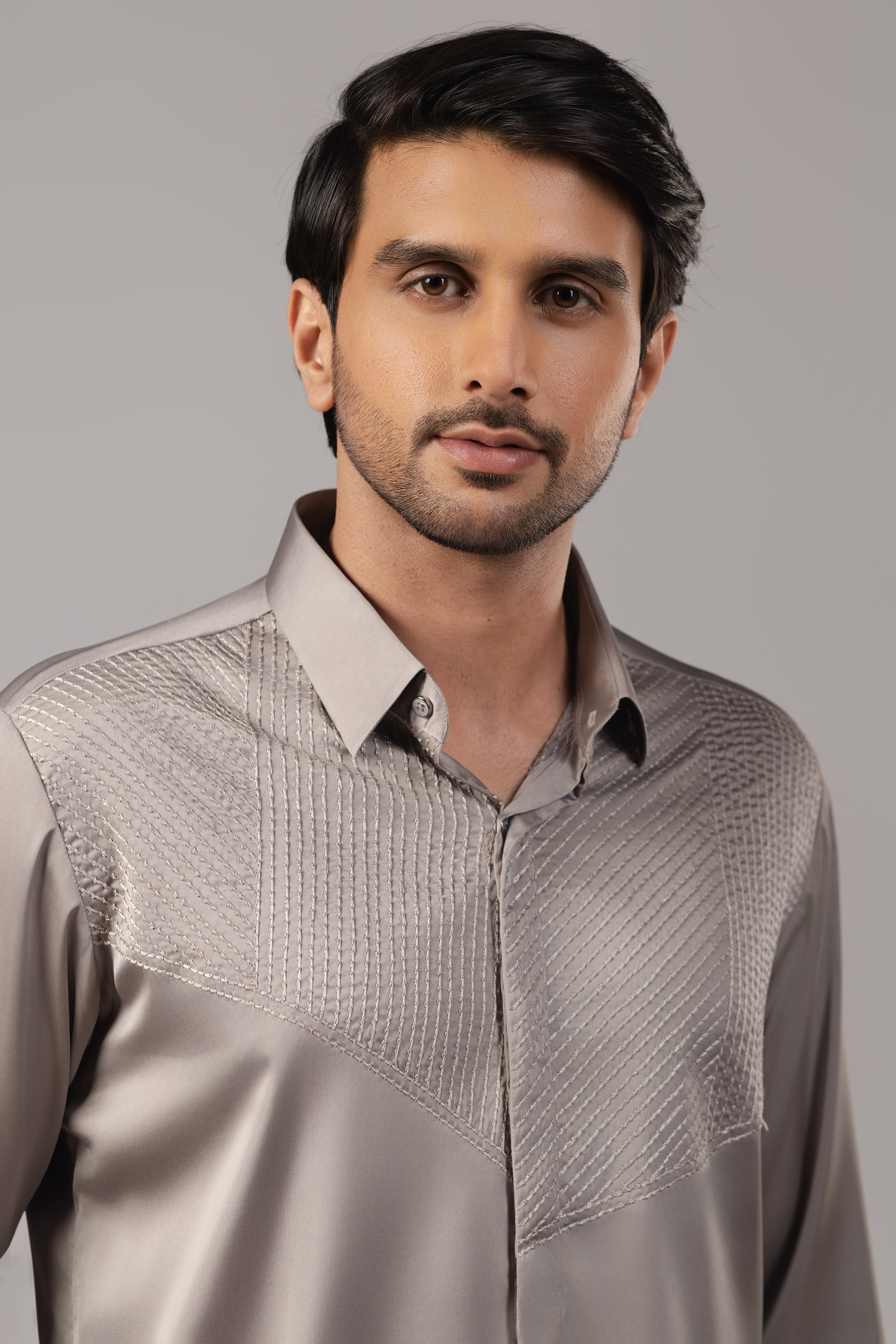 Silver Grey Satin Diamond Grid Embroidered Shirt