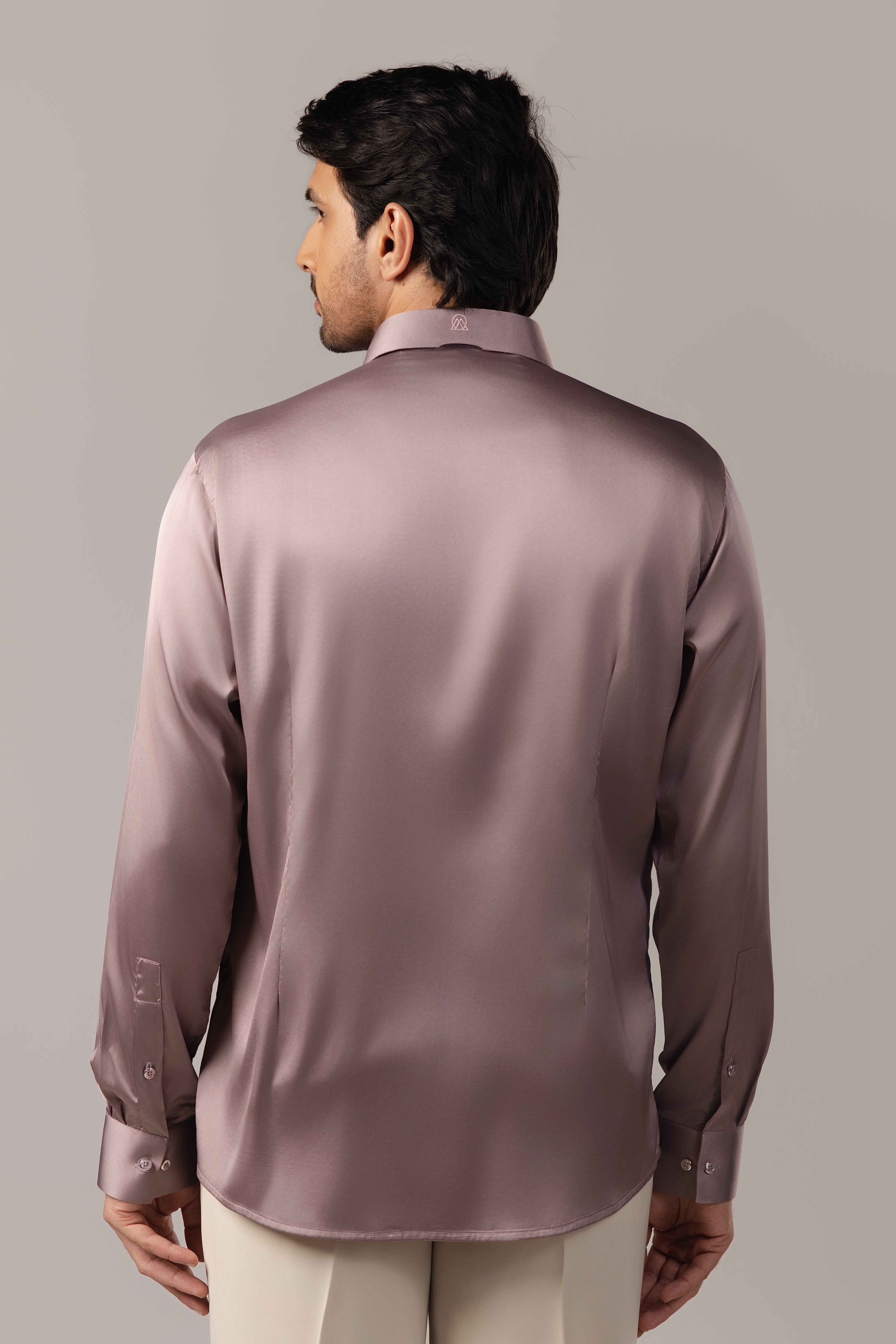 Mauve Satin Geometric Pintuck Embroidered Shirt
