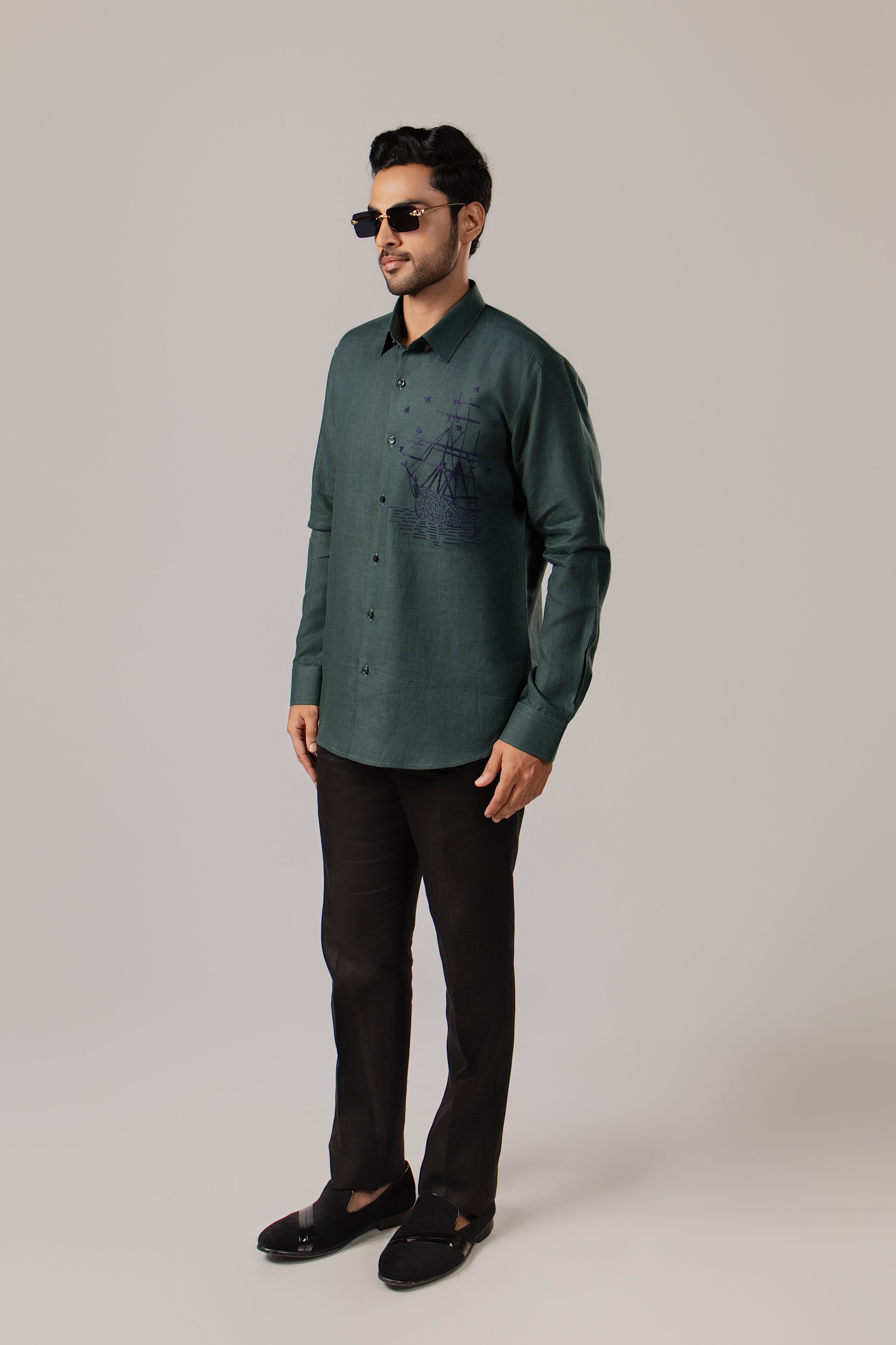 Set Sail in Forest Green — Tonal Ship Embroidered Shirt