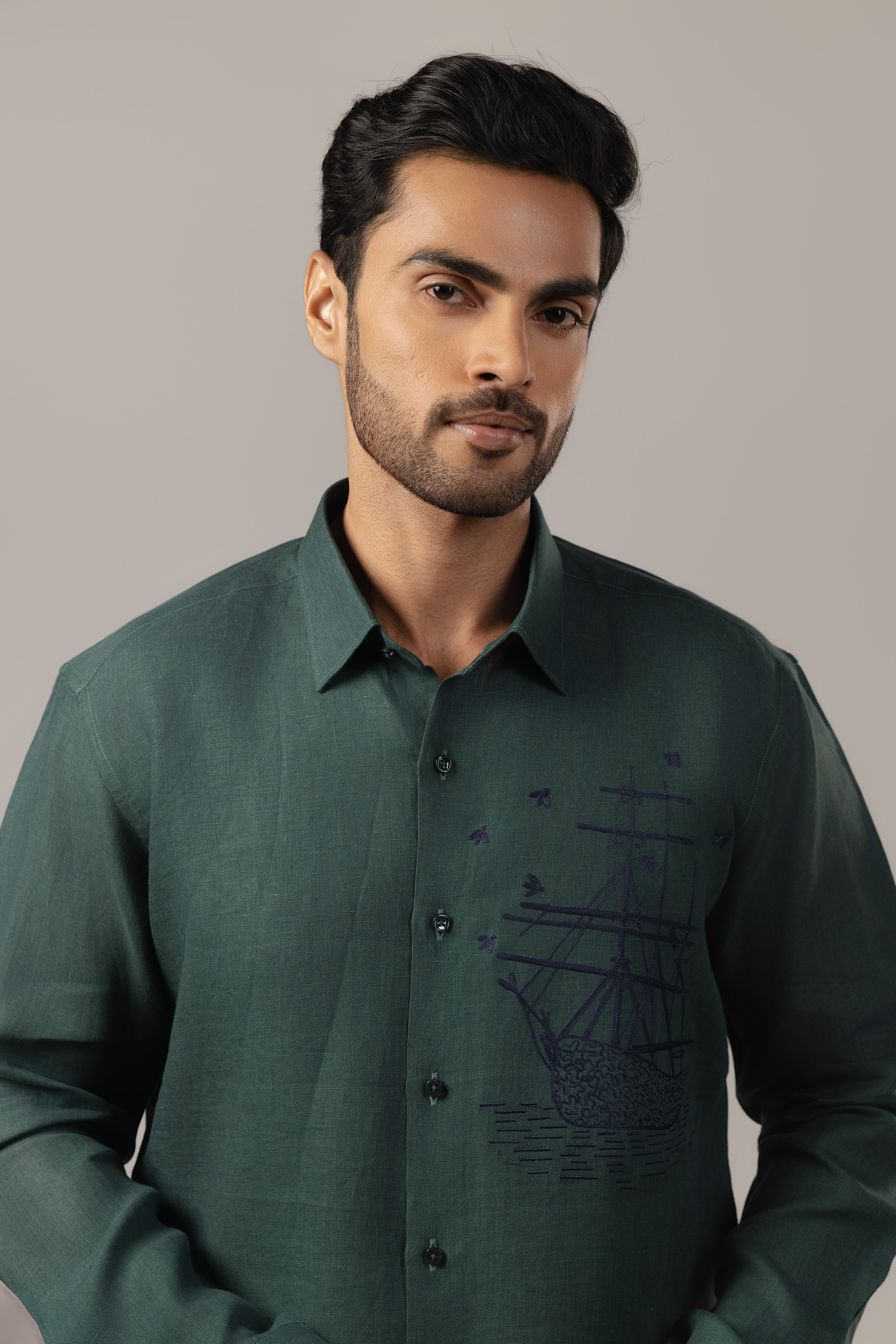 Set Sail in Forest Green — Tonal Ship Embroidered Shirt