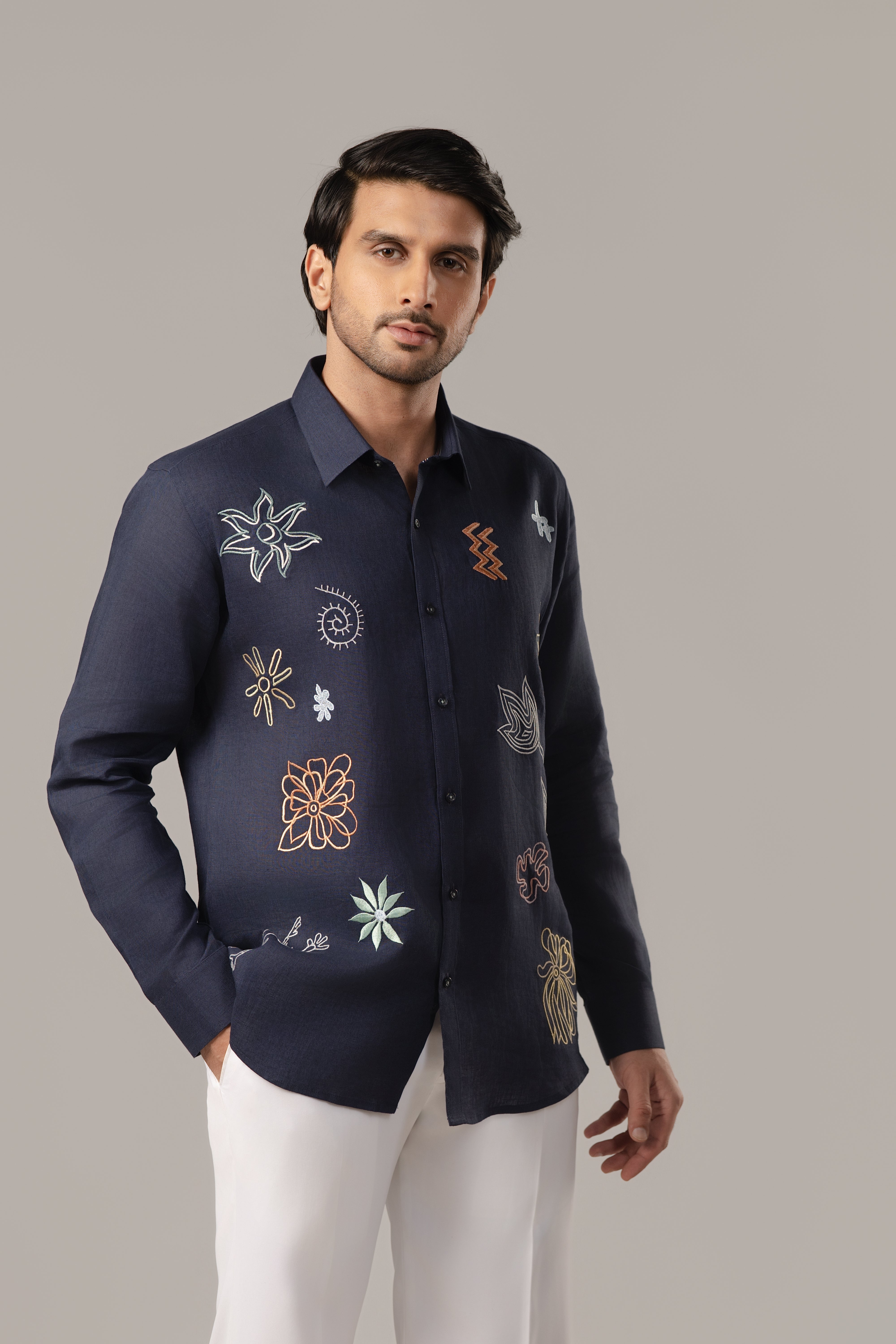 The Midnight Scatter Shirt — Navy Multi-Symbol Embroidered